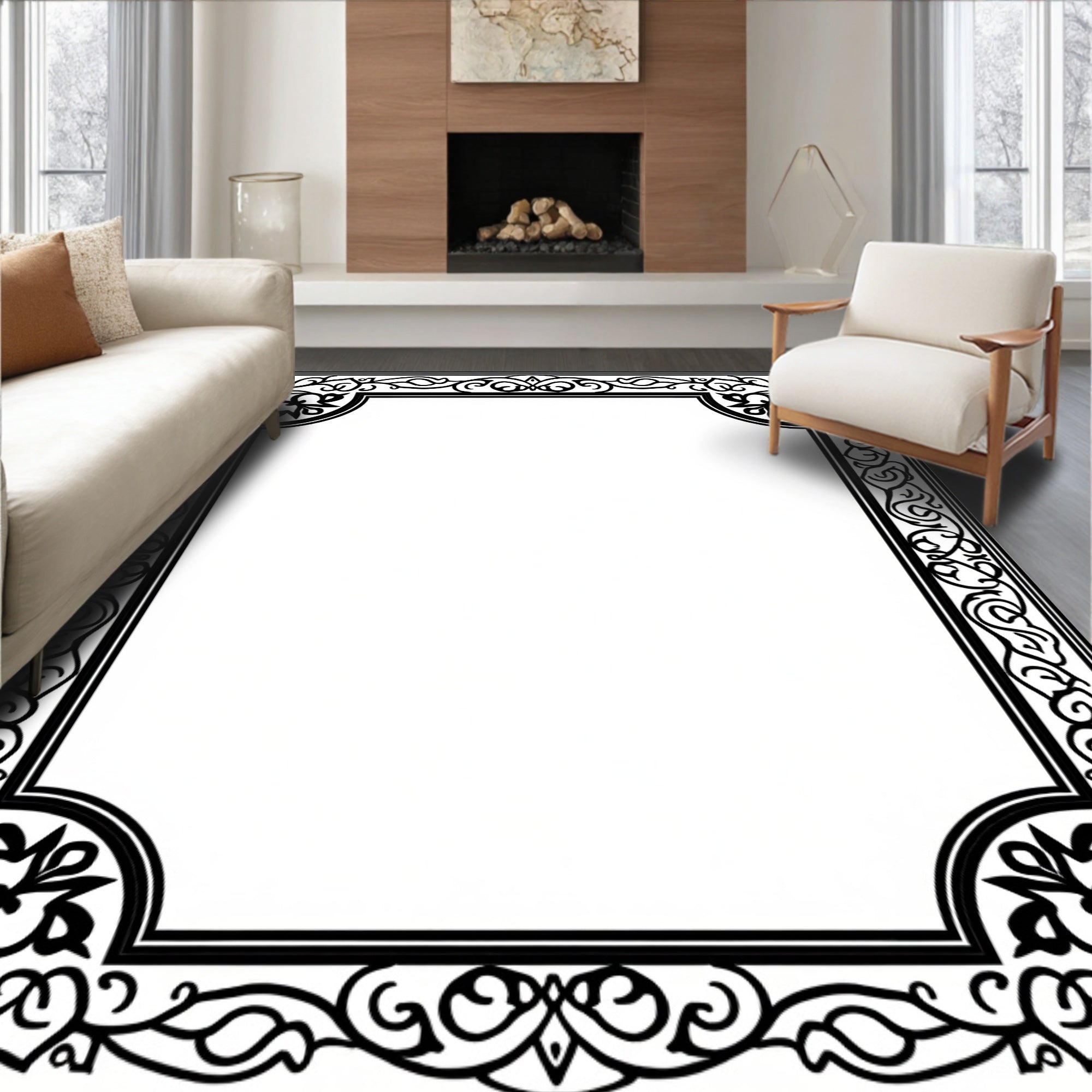 Ornate Black Floral Border Design Rug