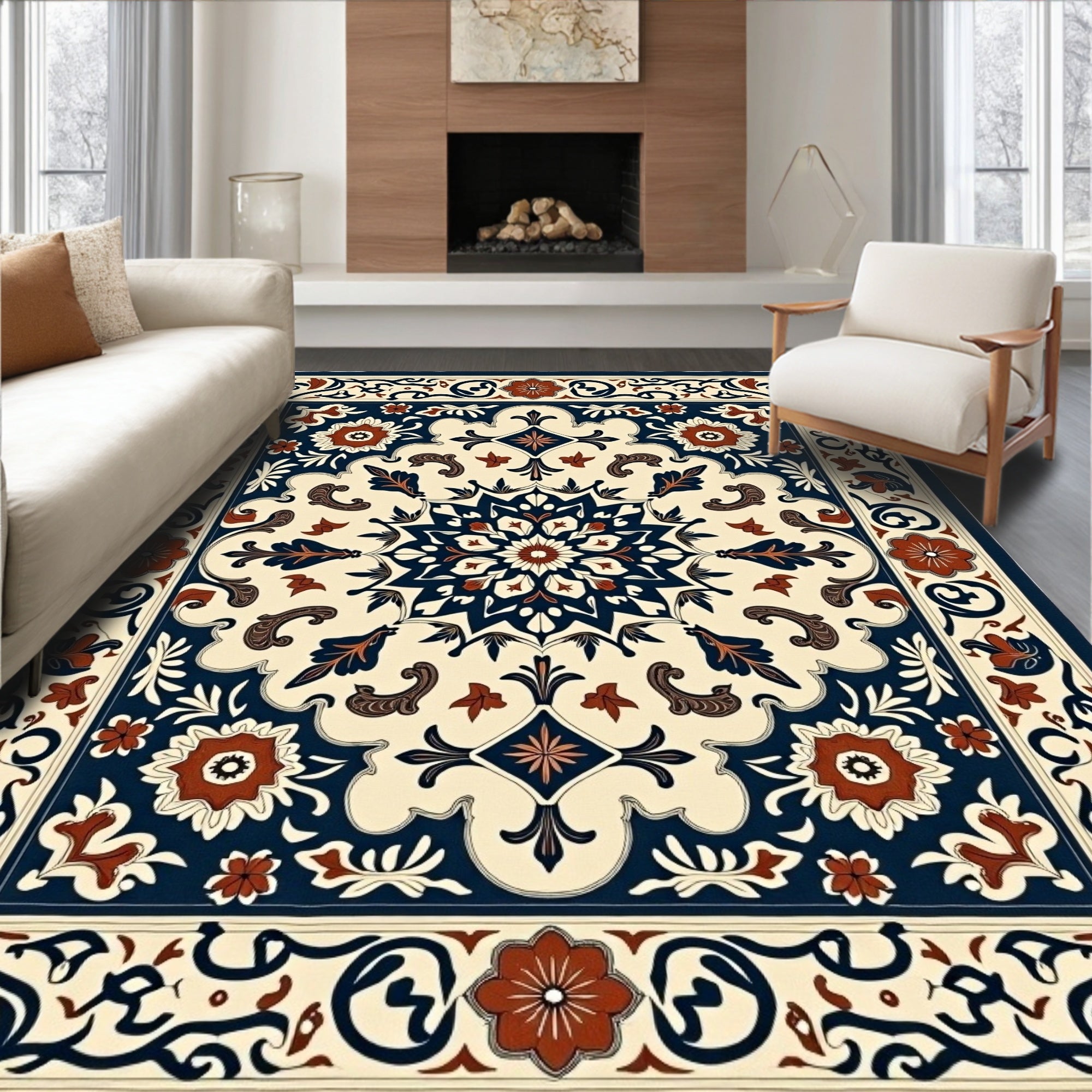 Traditional Floral Medallion Cream Rug