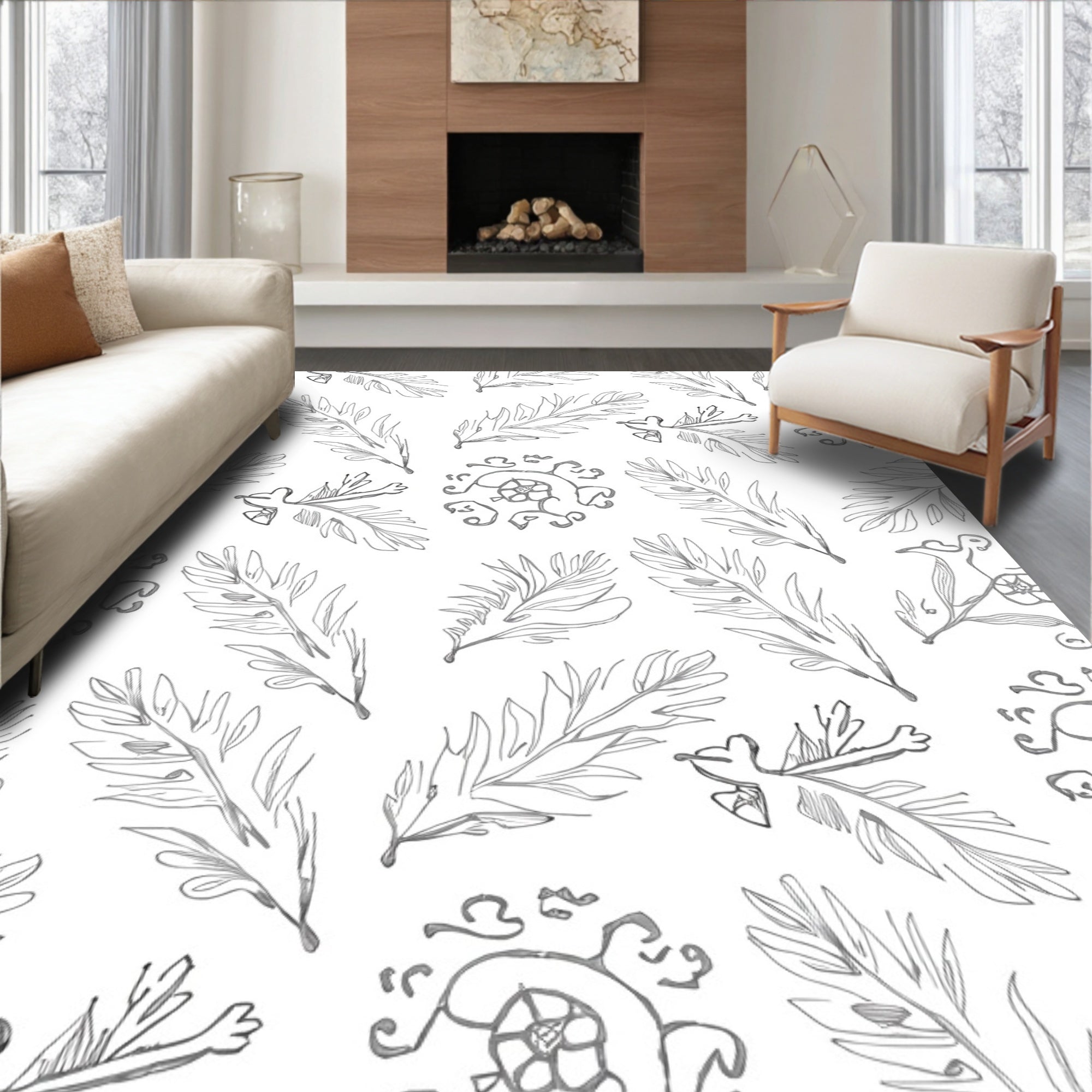 Simple Feather Leaf Scroll Artwork Rug