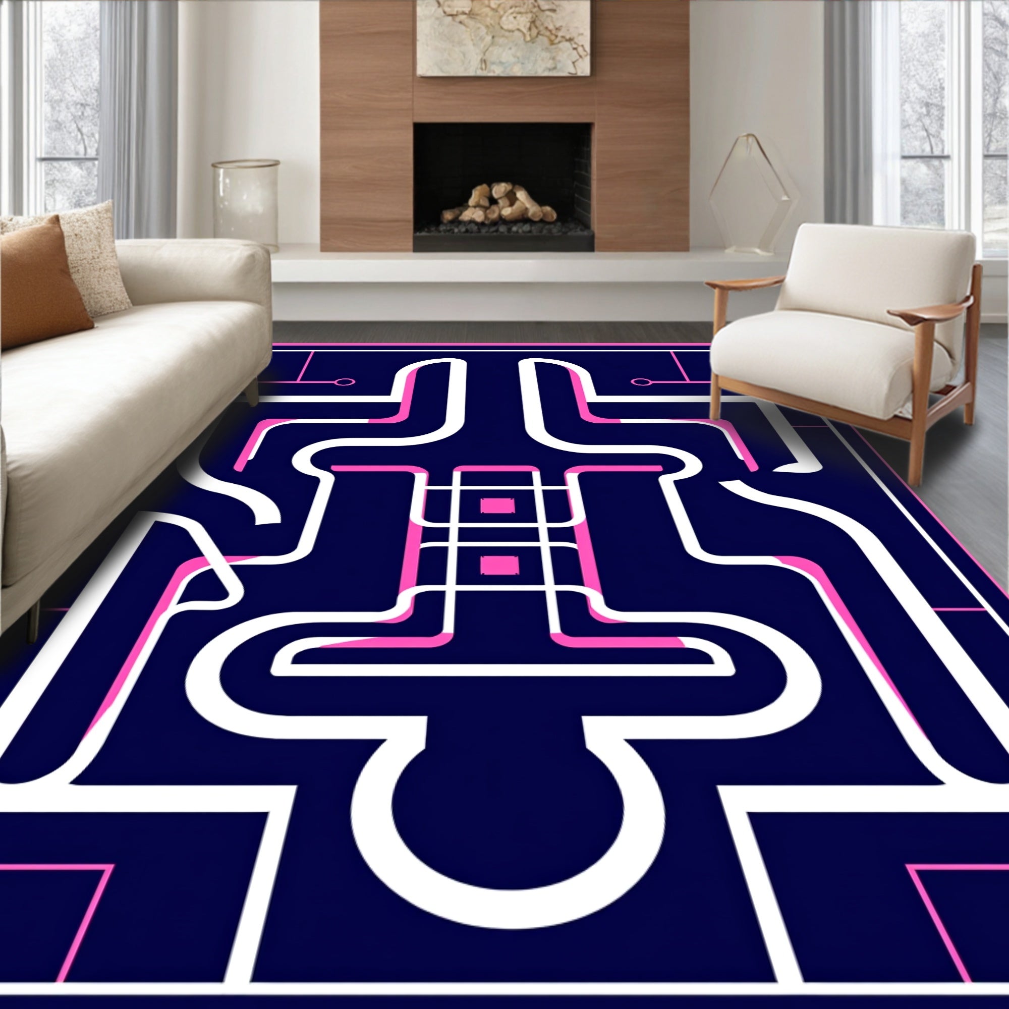 Abstract Maze Pattern with Pink Accents Rug