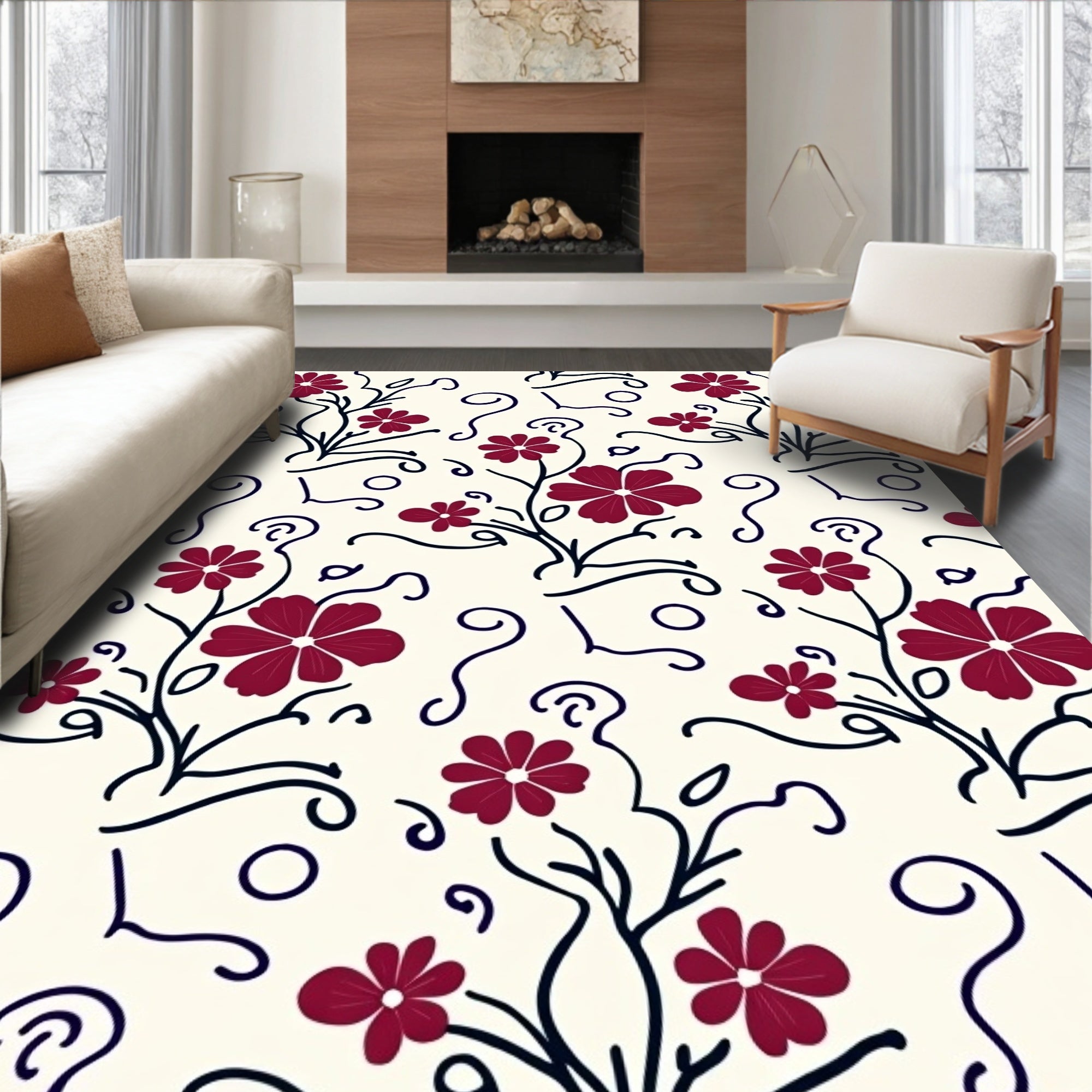 Crimson Vine Scroll Floral Pattern Rug