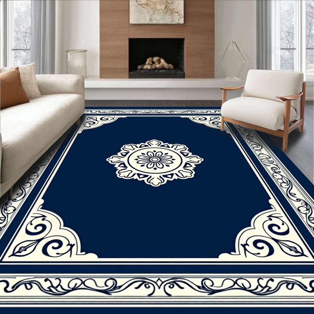Navy Blue Decorative Floral Frame Rug