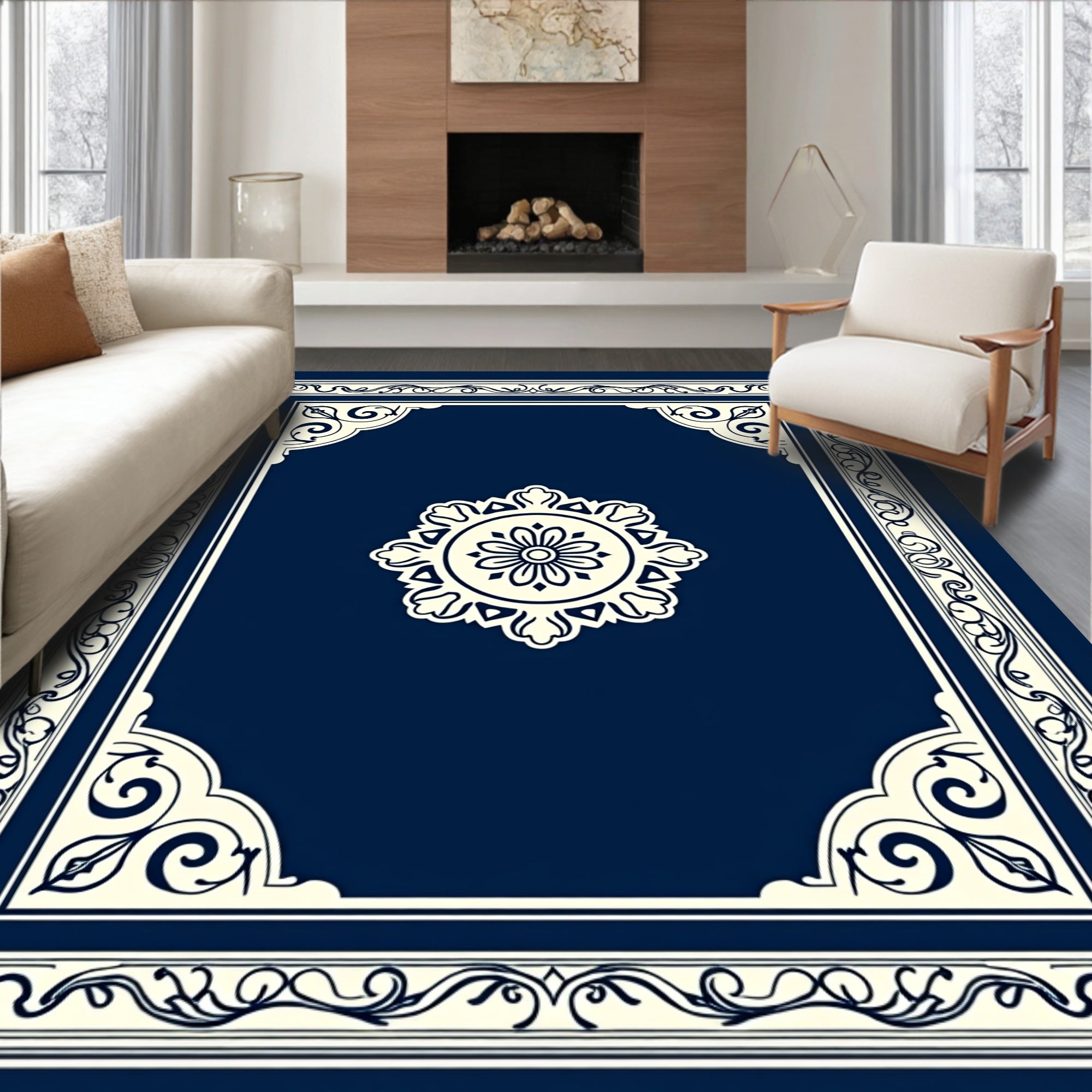 Navy Blue Decorative Floral Frame Rug