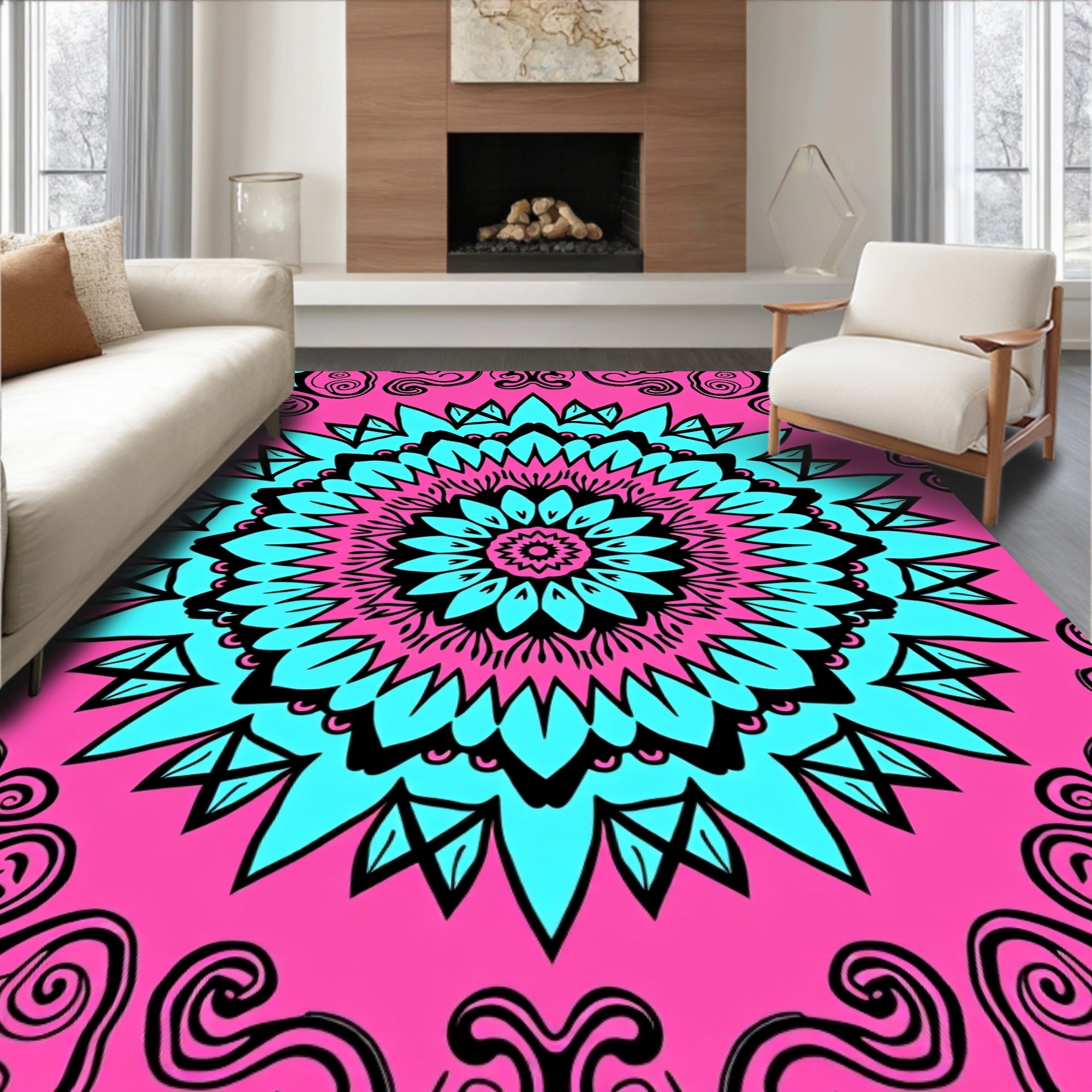 Bold Teal Mandala Floral Pattern Rug