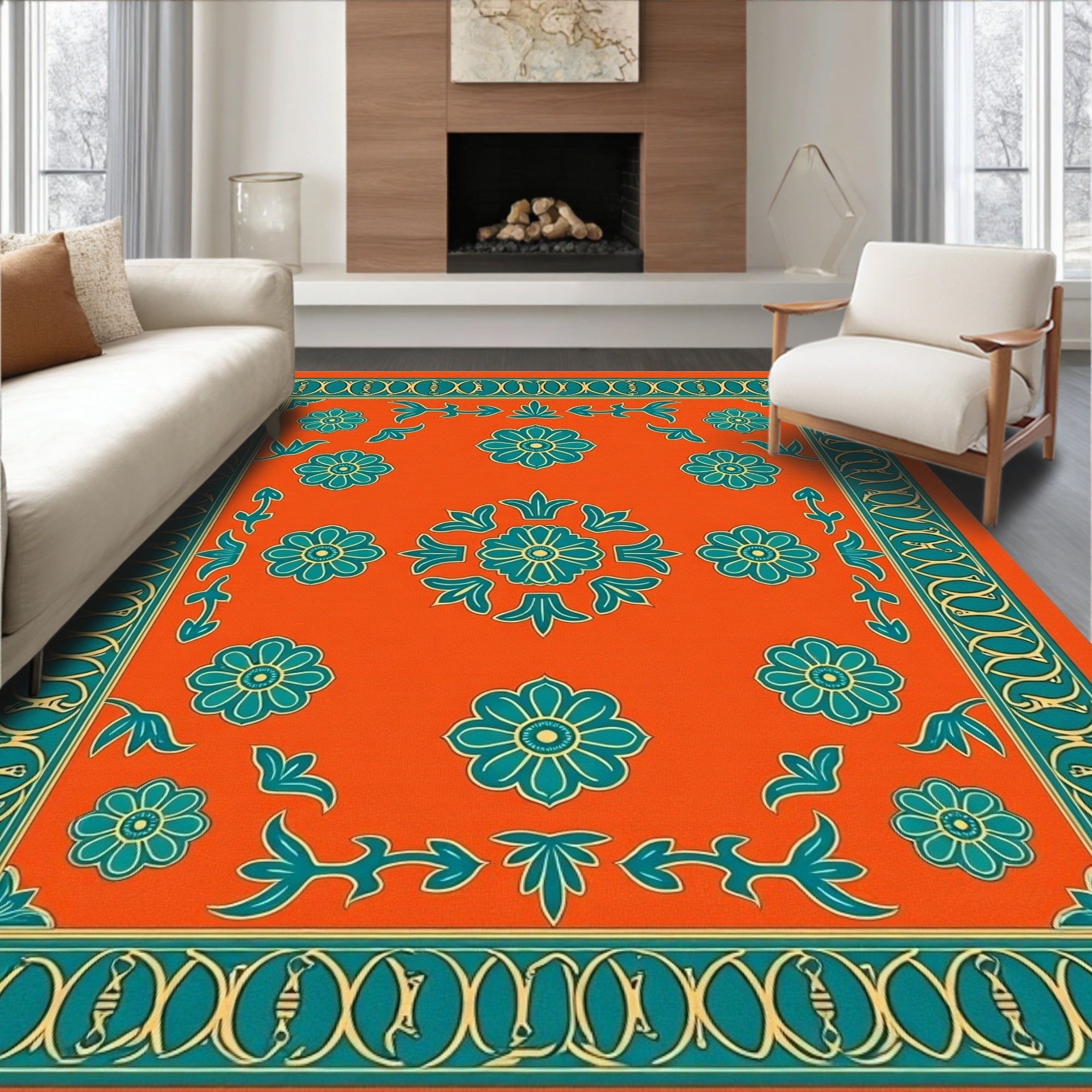 Orange Floral Scroll Pattern Rug