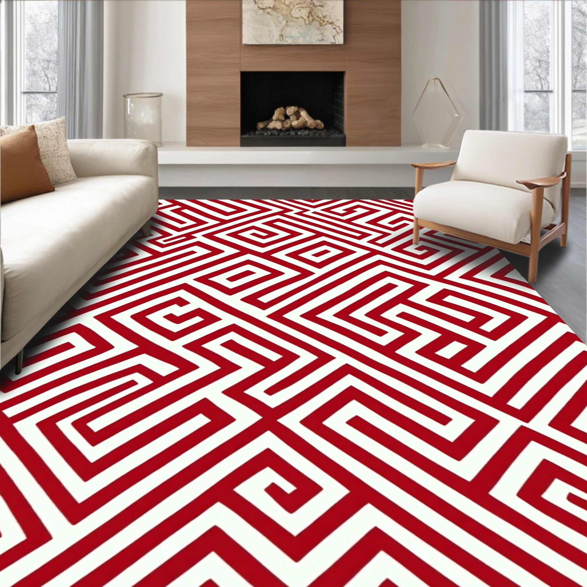 Bold Red Geometric Maze Pattern Rug