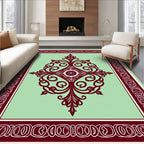Maroon Pale Green Ornate Floral Design Rug
