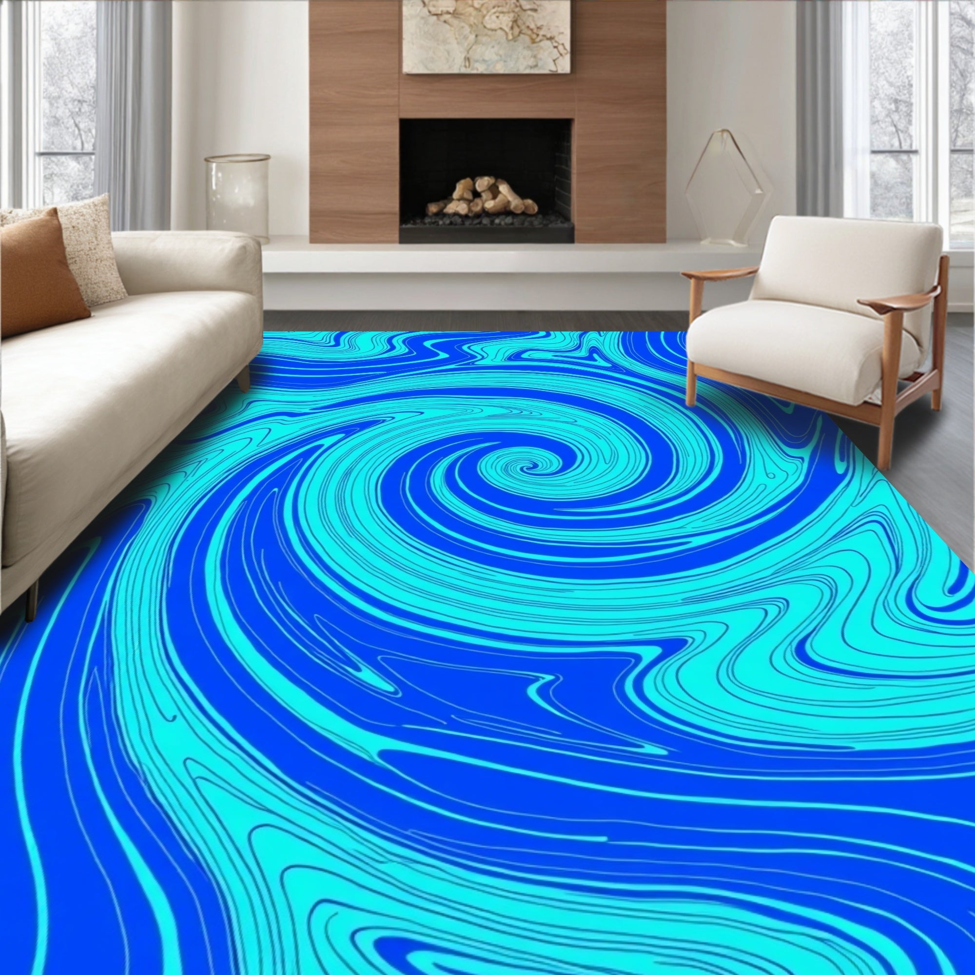 Abstract Blue Swirl Pattern Rug