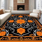 Orange Floral Black Whimsical Pattern Rug
