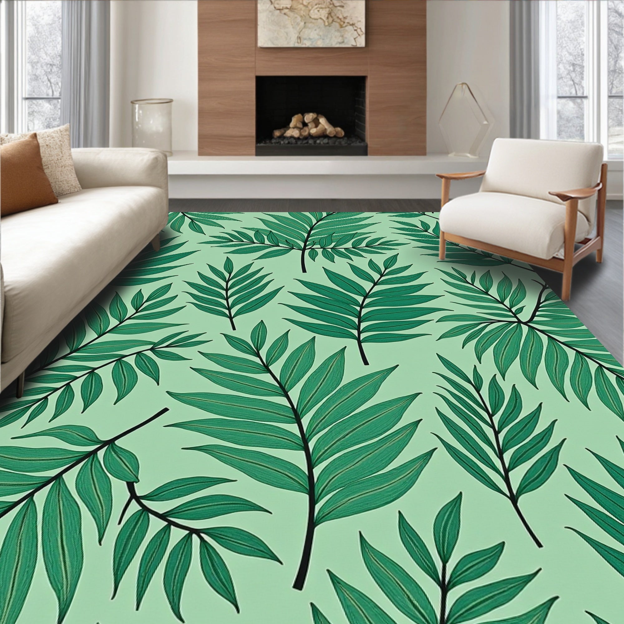 Green Tropical Foliage Pattern Rug