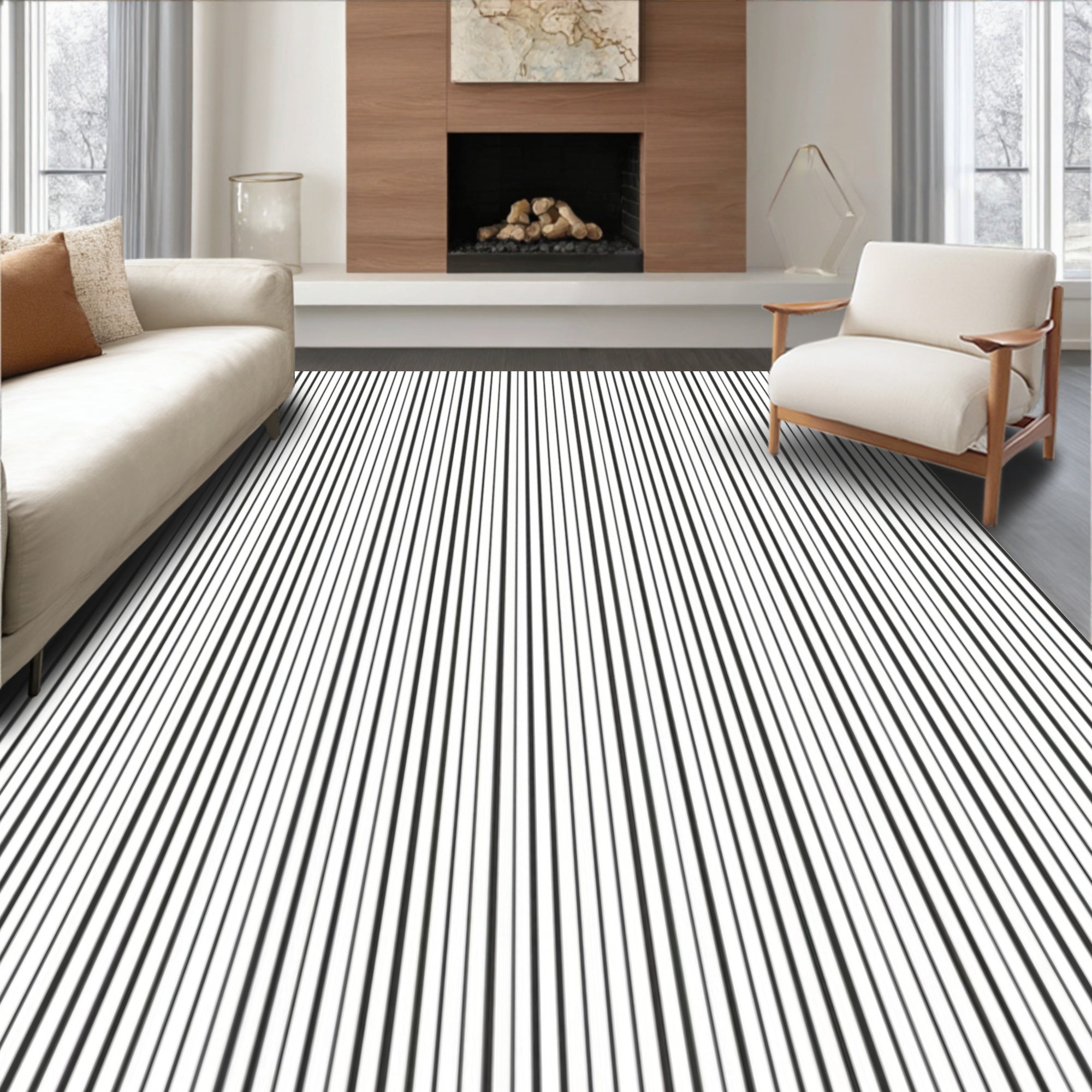 Minimalist Black White Thin Stripe Pattern Rug