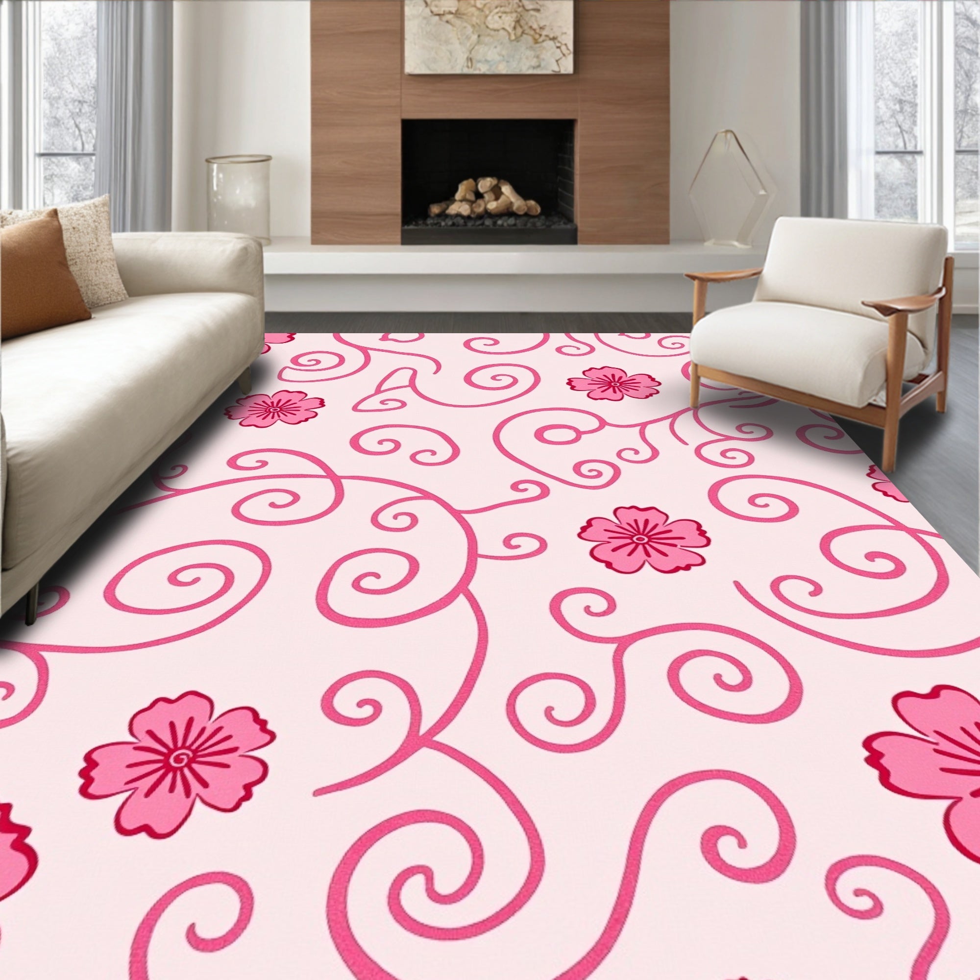 Pink Swirl Floral Pattern Rug