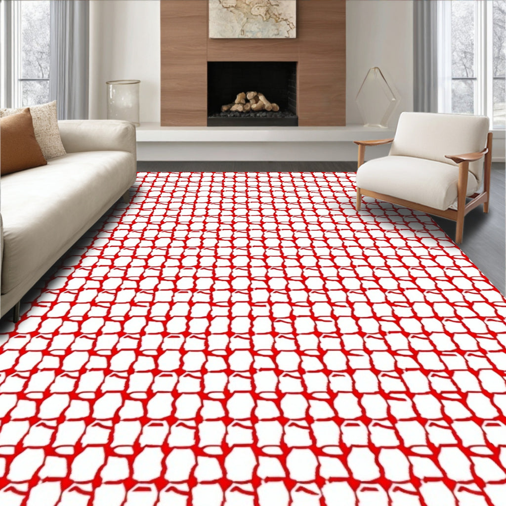 Bold Red Abstract Grid Pattern Rug