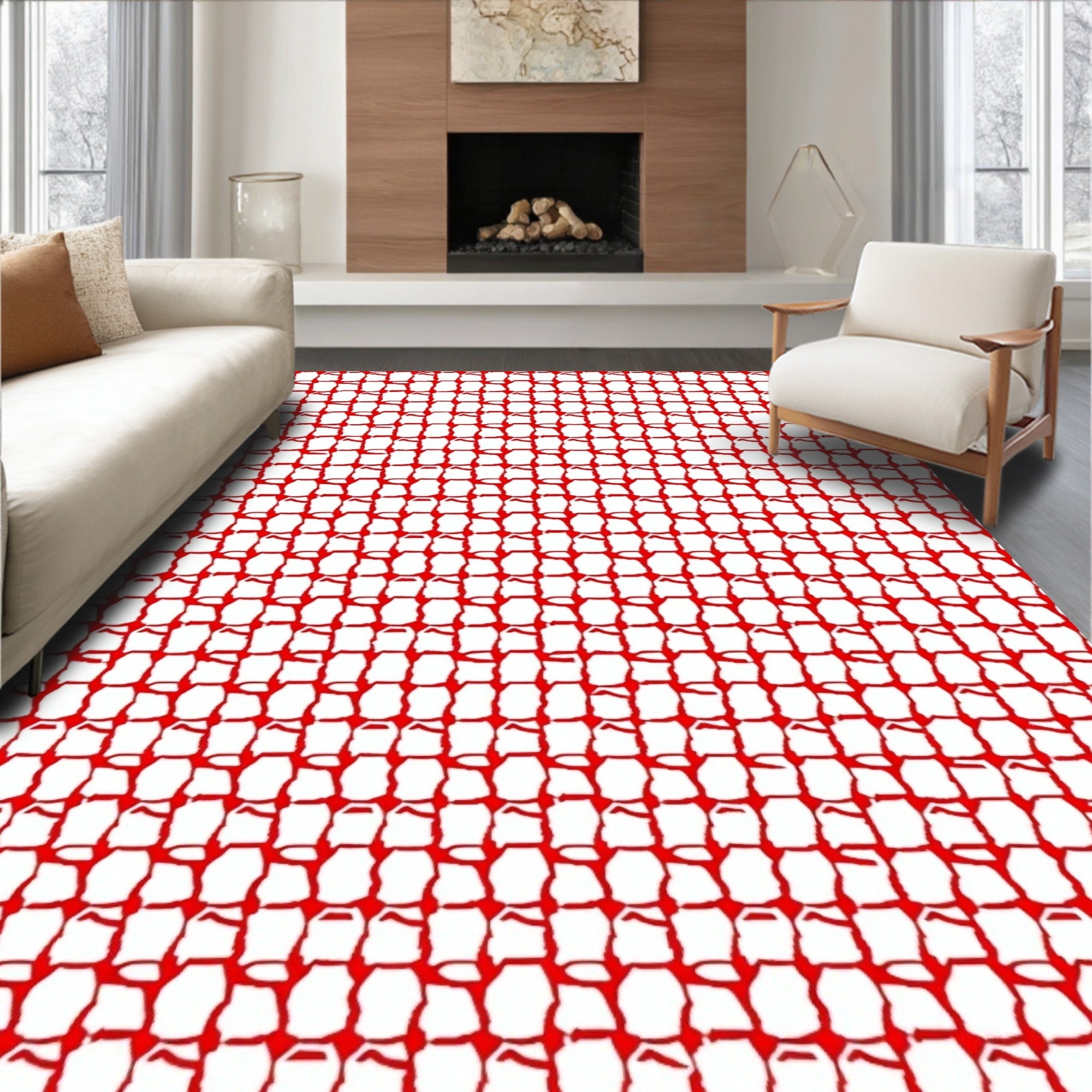Bold Red Abstract Grid Pattern Rug