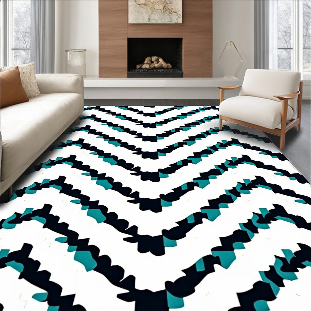 Abstract Teal Black Geometric Zigzag Pattern Rug