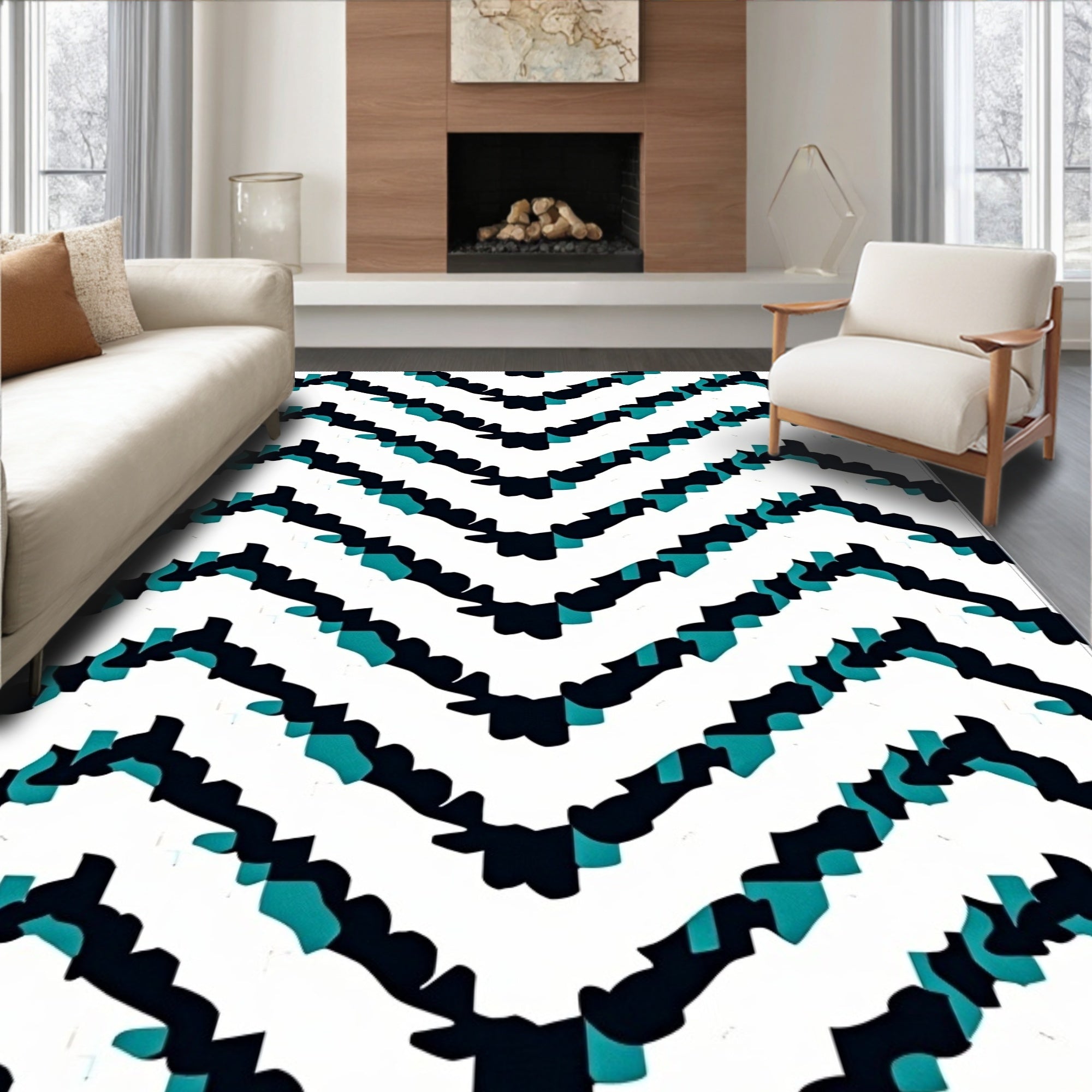 Abstract Teal Black Geometric Zigzag Pattern Rug