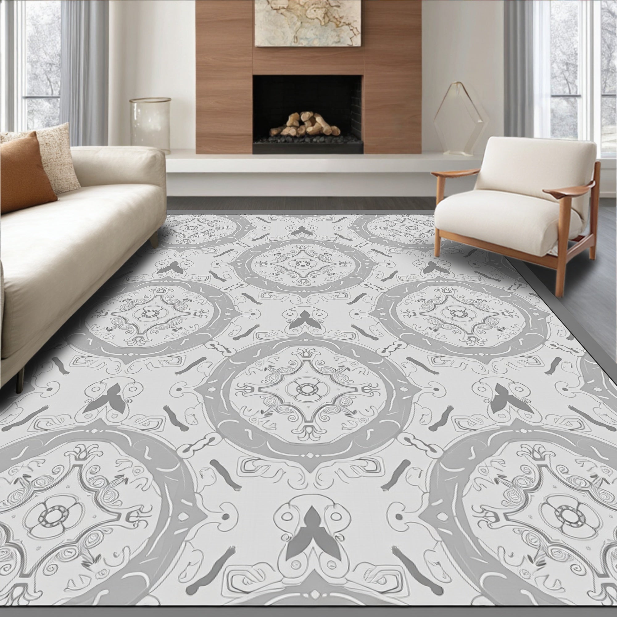 Grey Floral Mandala Patterned Rug