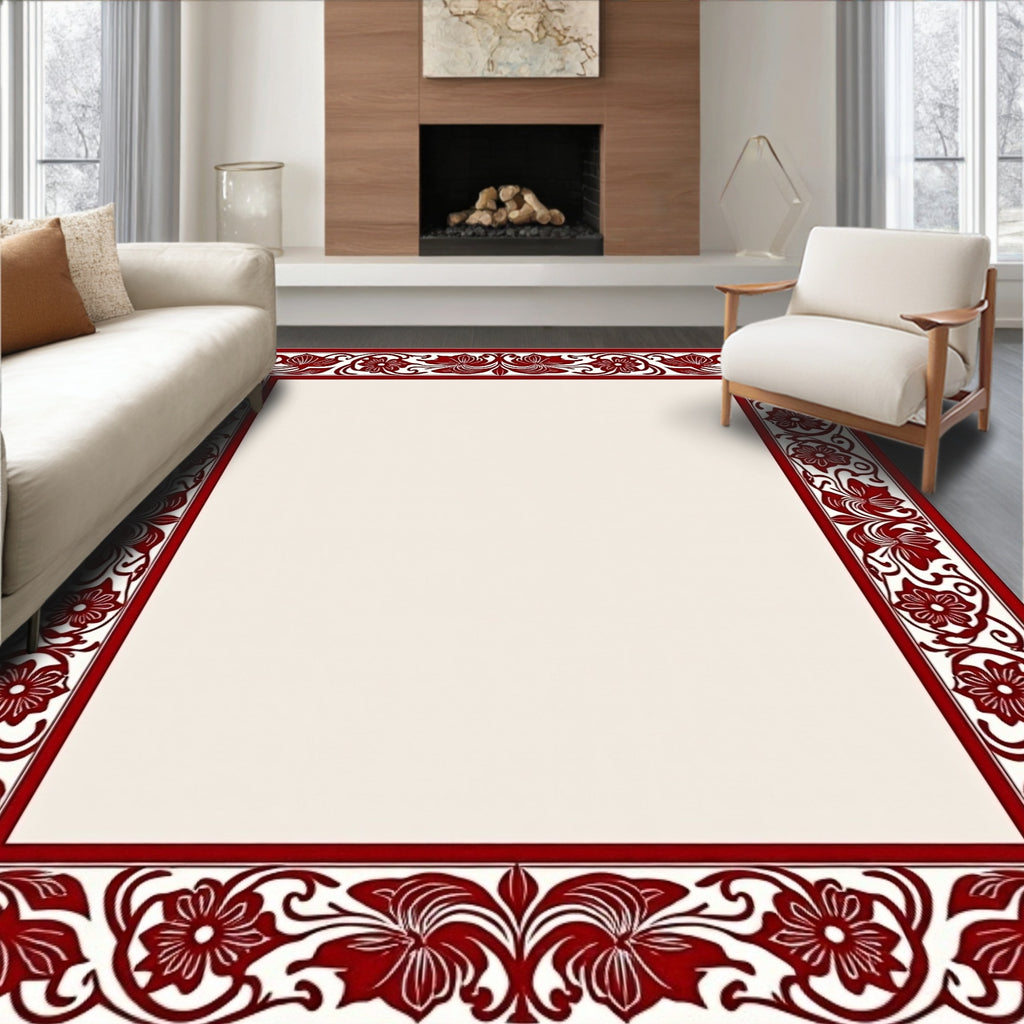 Damask Red Floral Border Rug