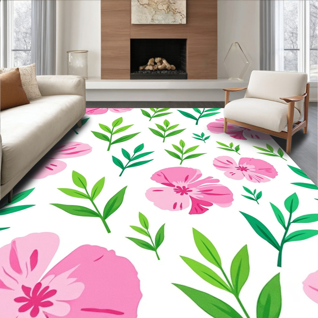 Pink Floral And Green Leafy Pattern Rug