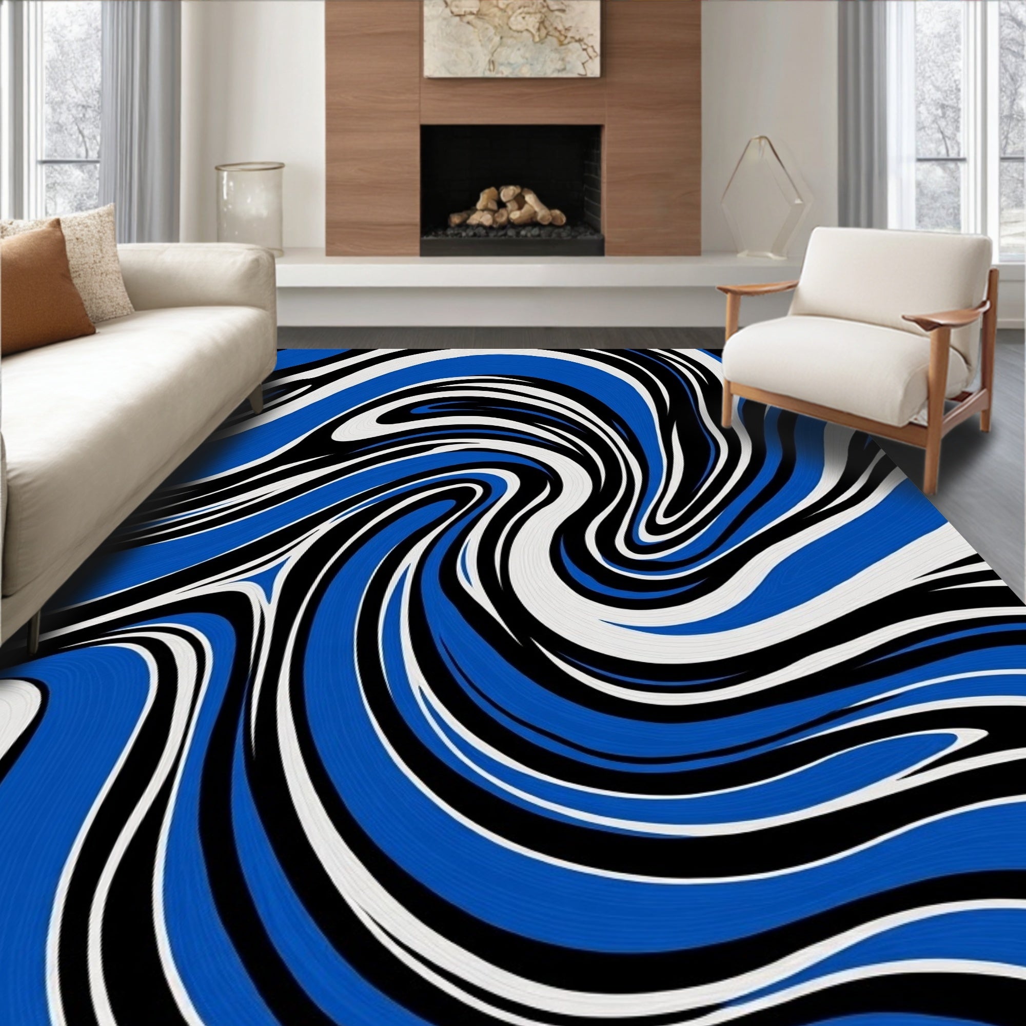 Bold Blue Black White Waves Rug