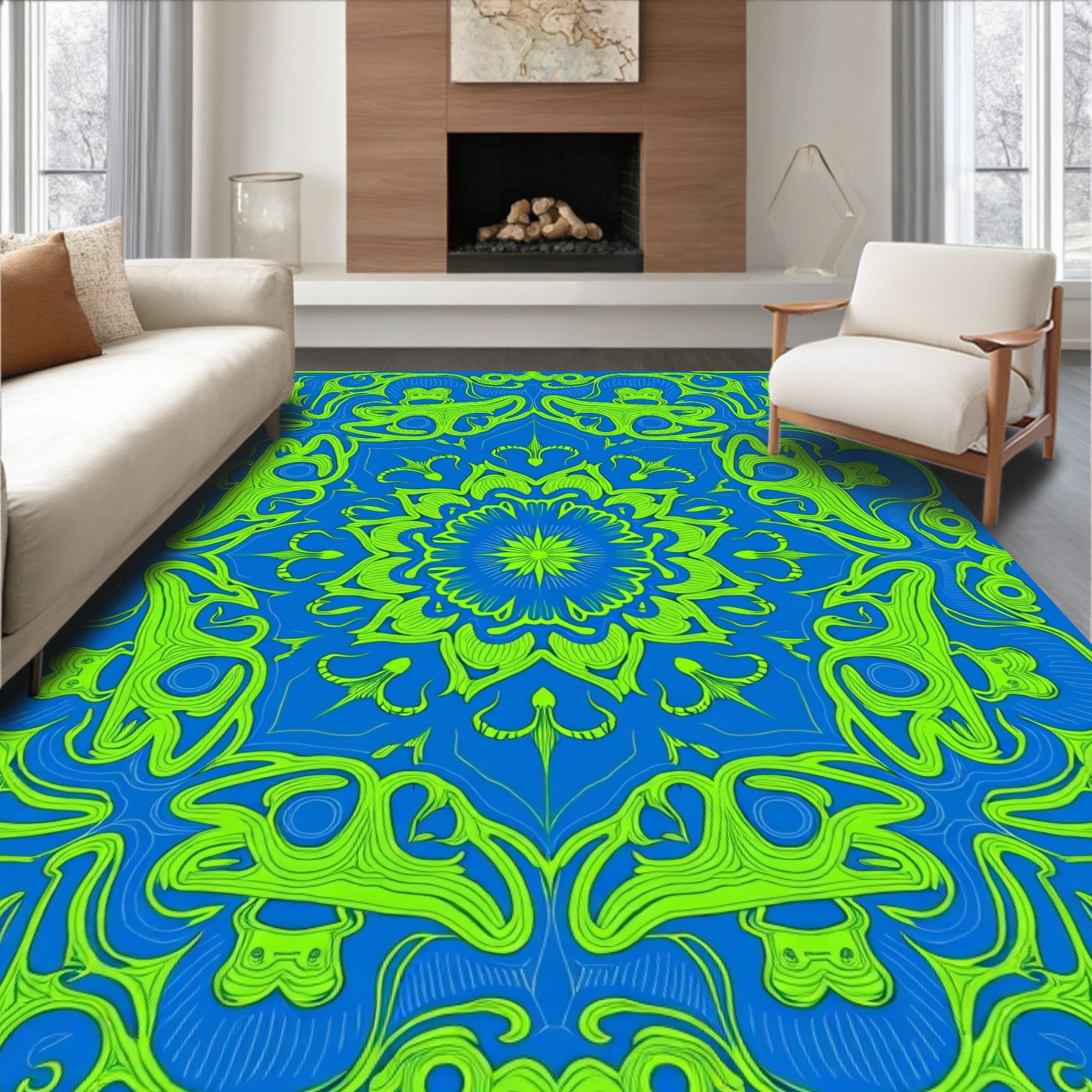 Vibrant Neon Psychedelic Mandala Rug