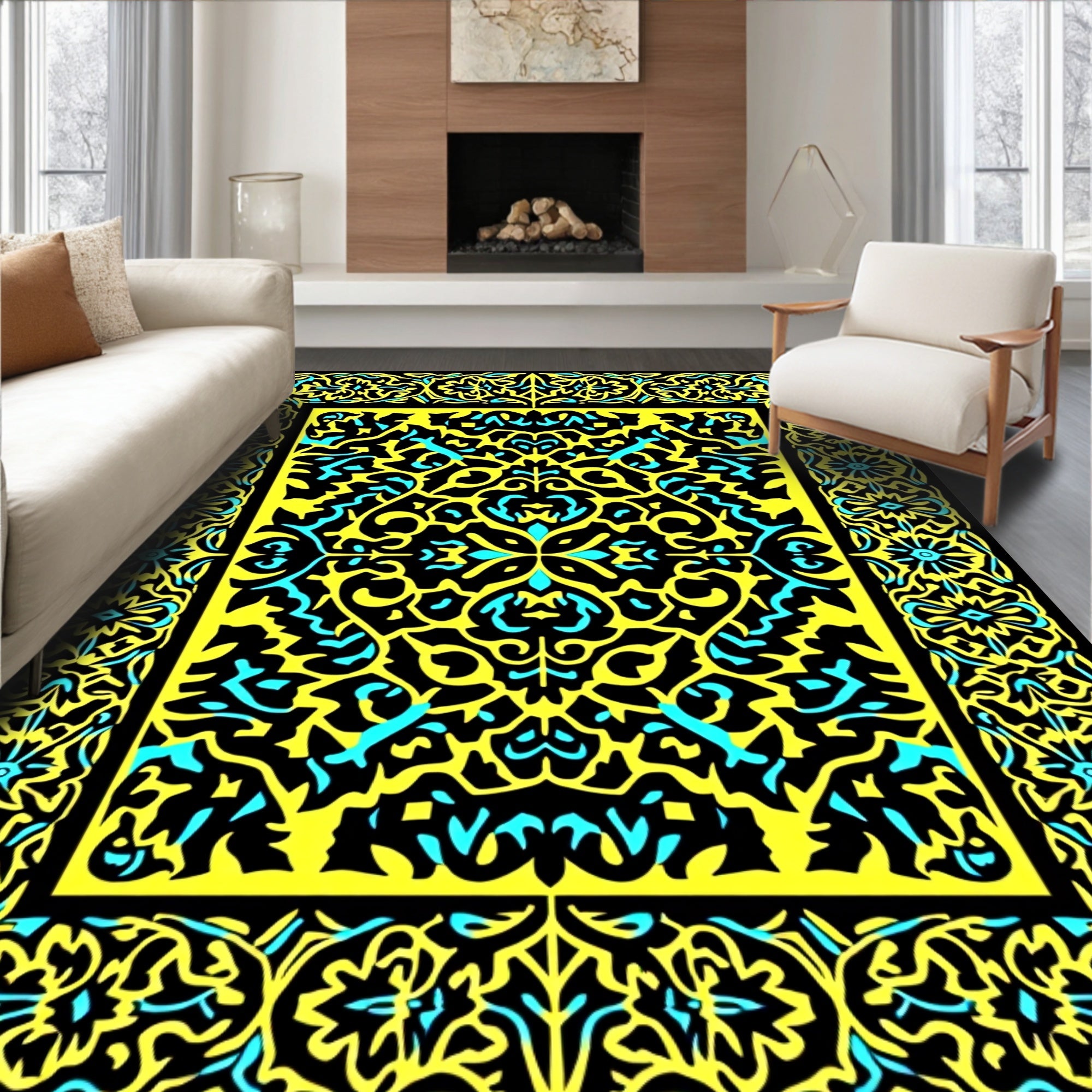 Bold Black Yellow Turquoise Floral Rug