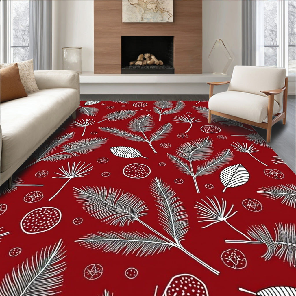 Deep Red White Tropical Leaf Medley Rug