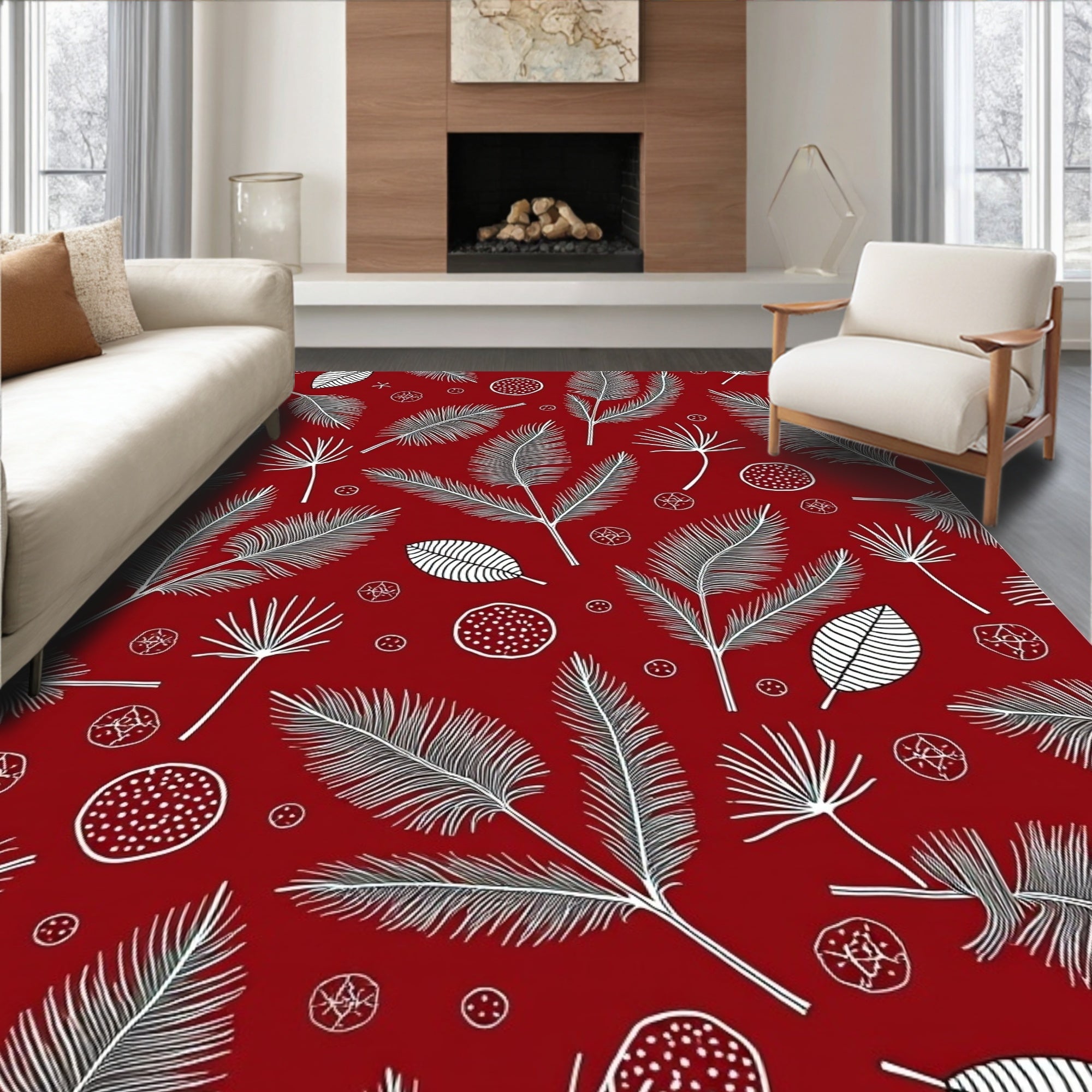 Deep Red White Tropical Leaf Medley Rug