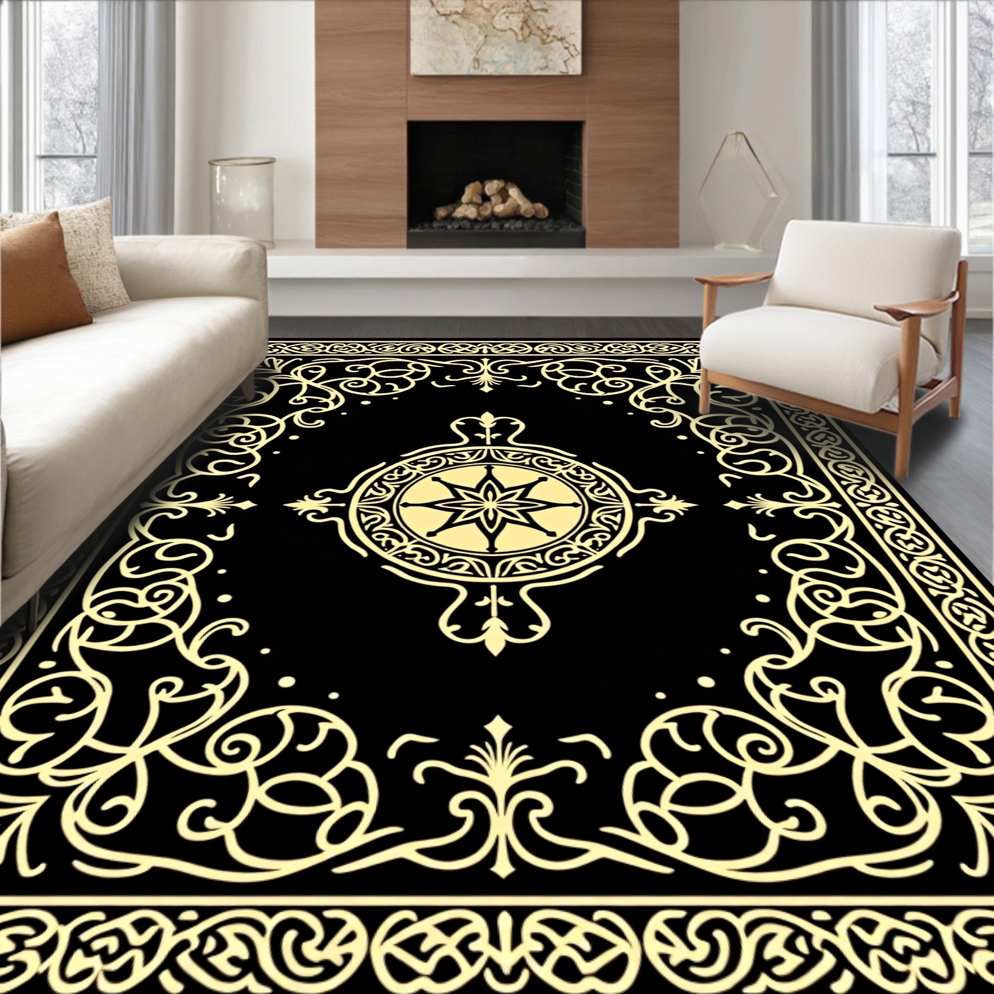 Intricate Gold Scrollwork Central Star Rug