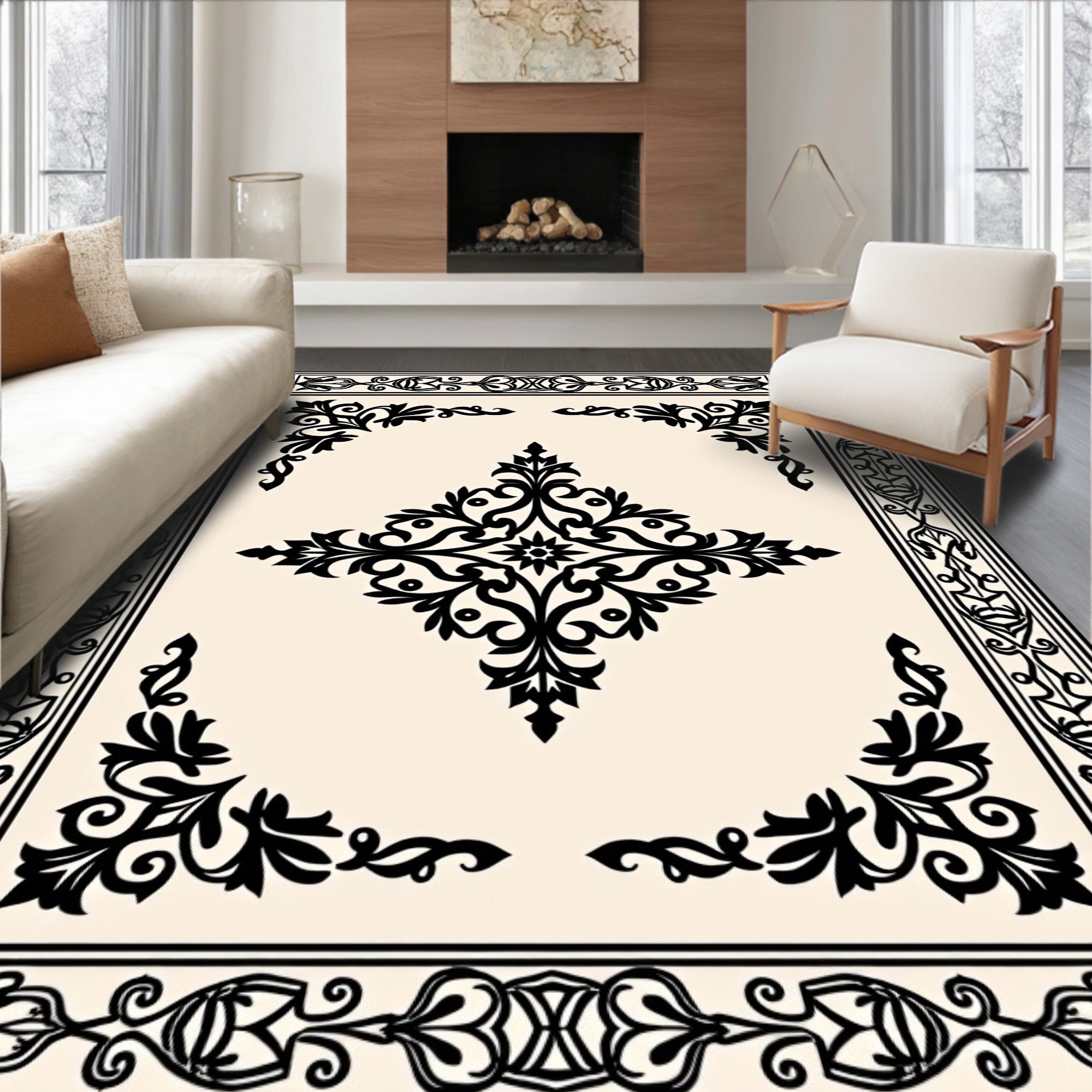 Classic Black Floral Centerpiece Rug
