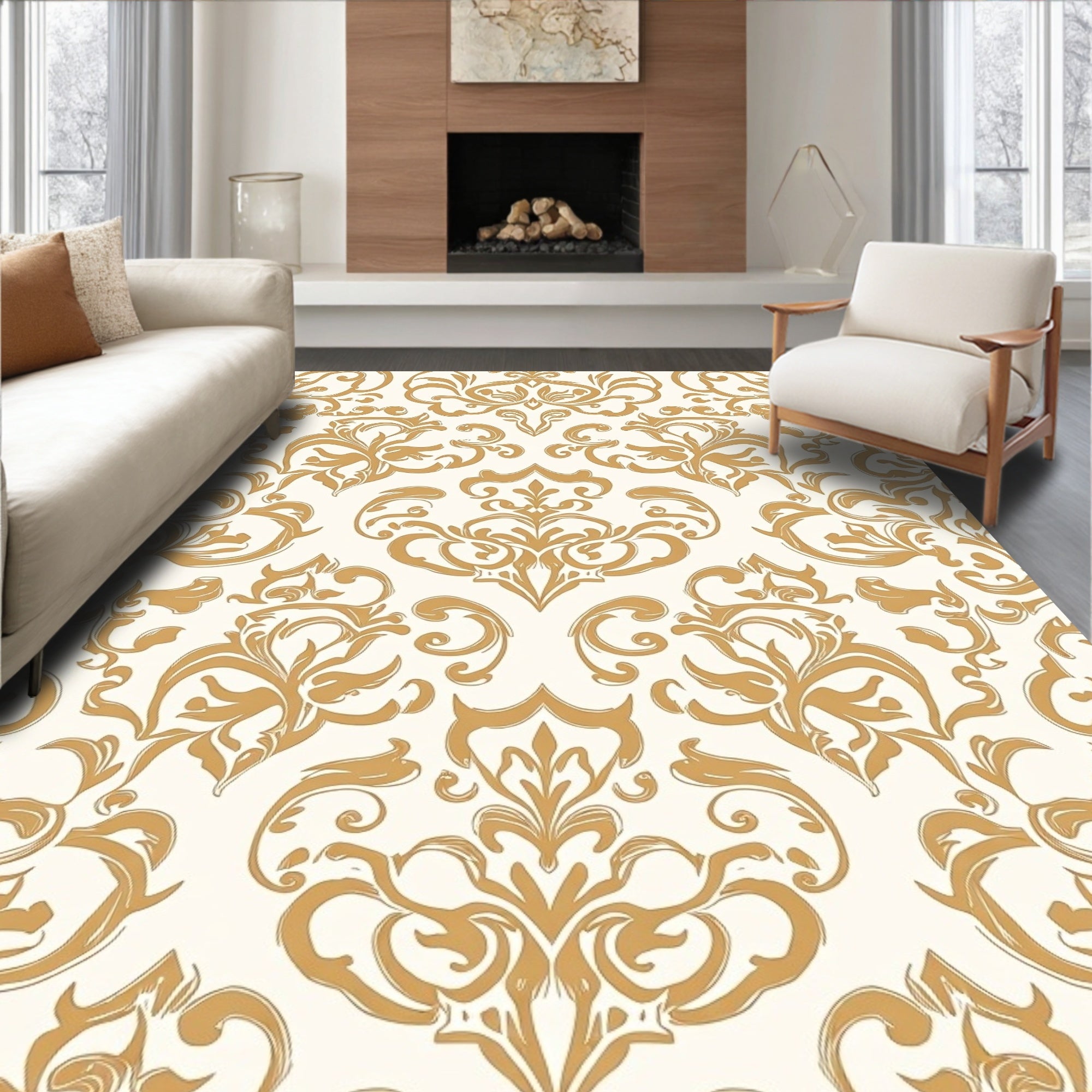 Opulent Gold Cream Damask Pattern Rug