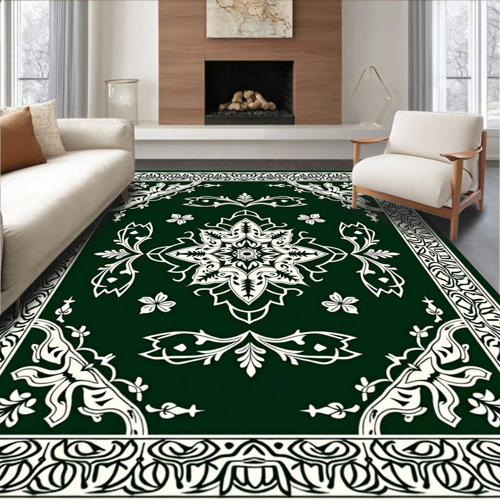 Ornate Green Floral Mandala Pattern Rug