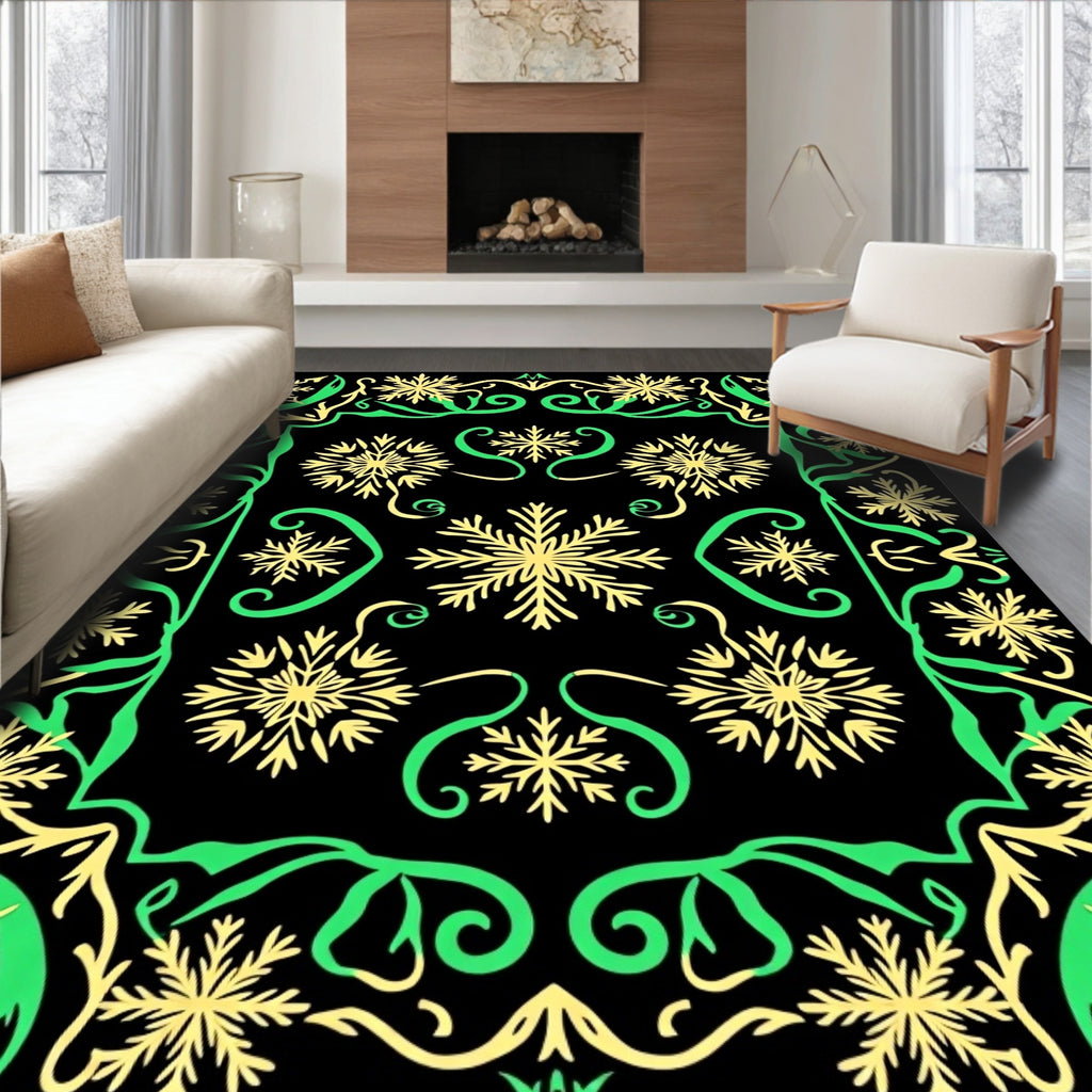 Black Snowflakes Green Scroll Border Rug