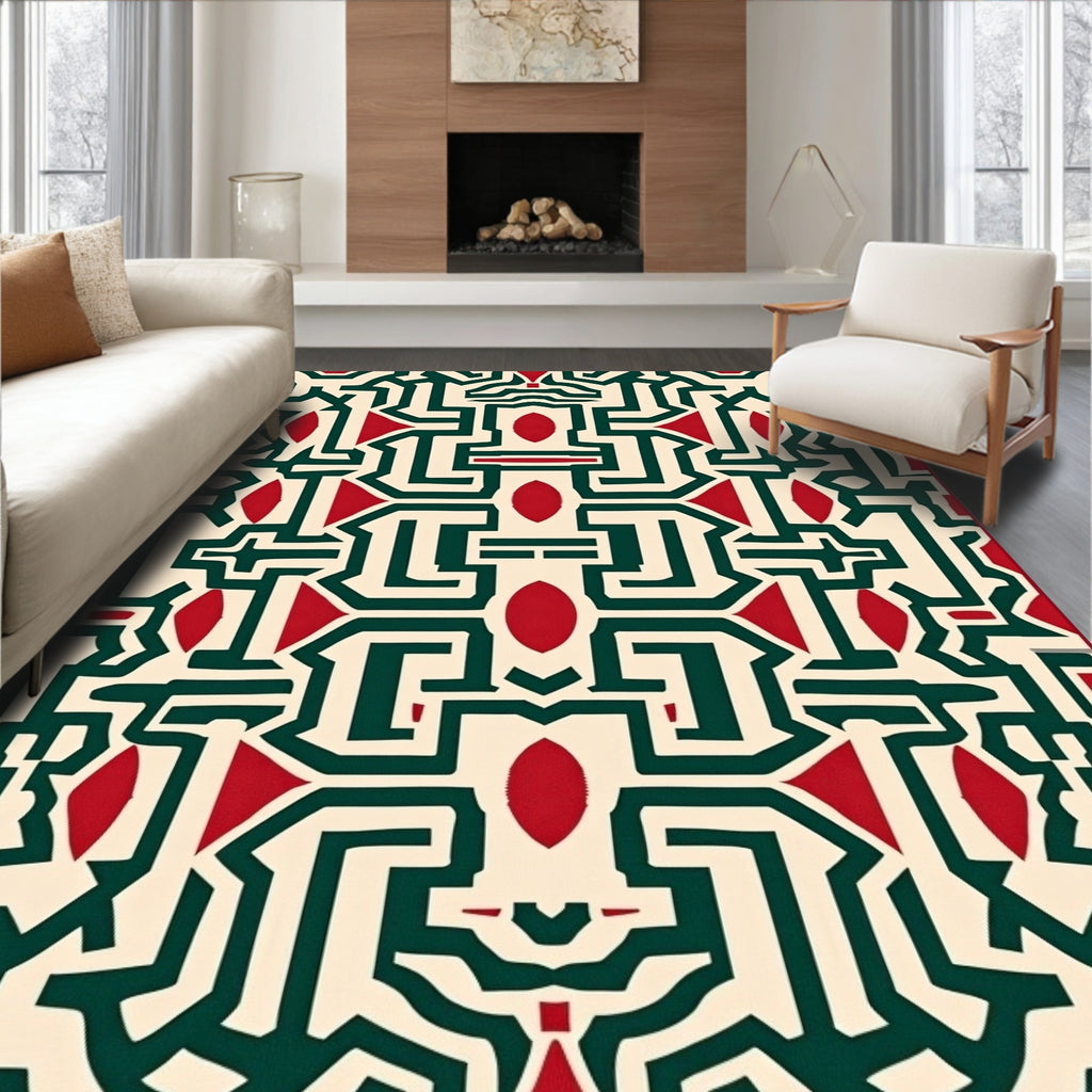 Bold Red And Green Geometric Maze Rug