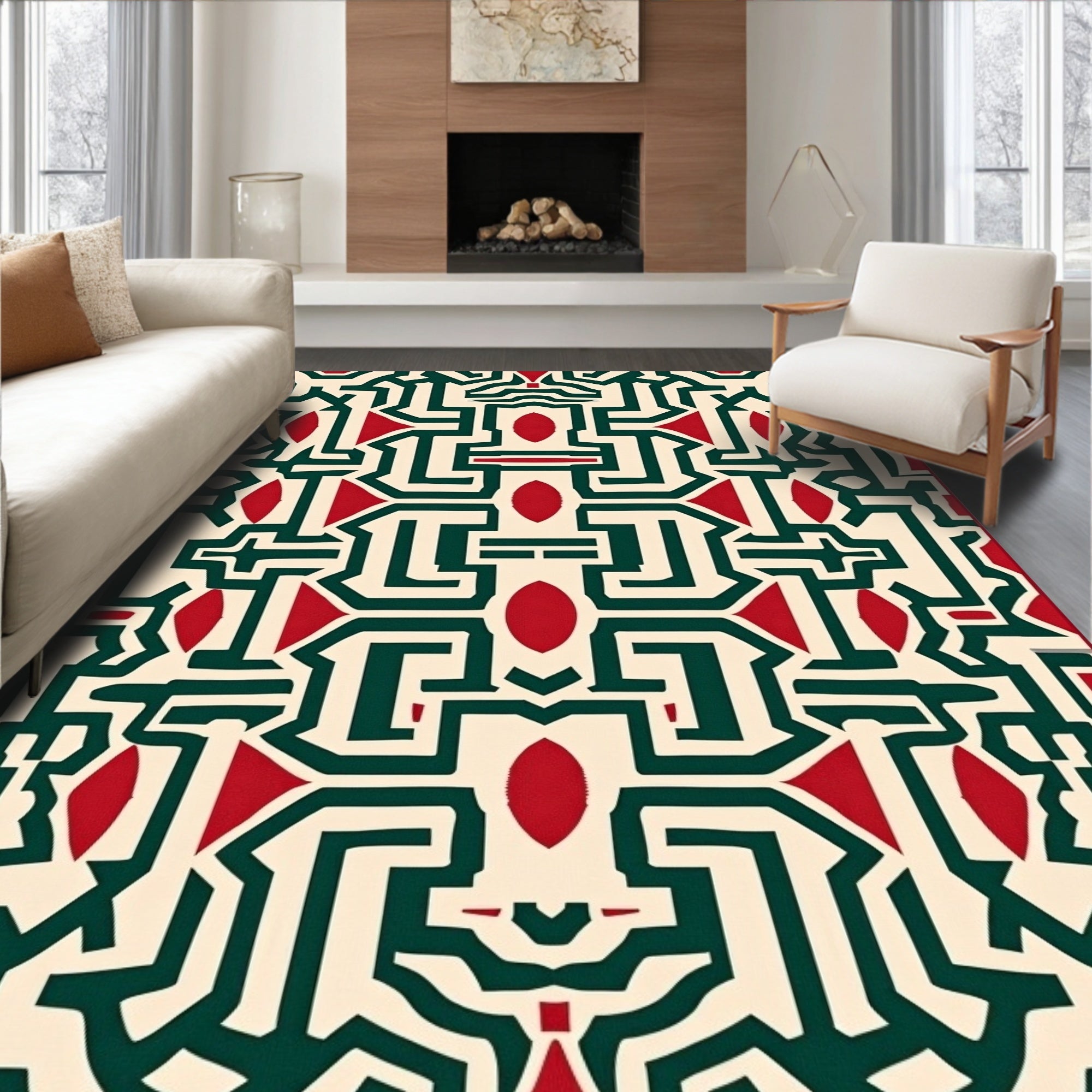 Bold Red And Green Geometric Maze Rug