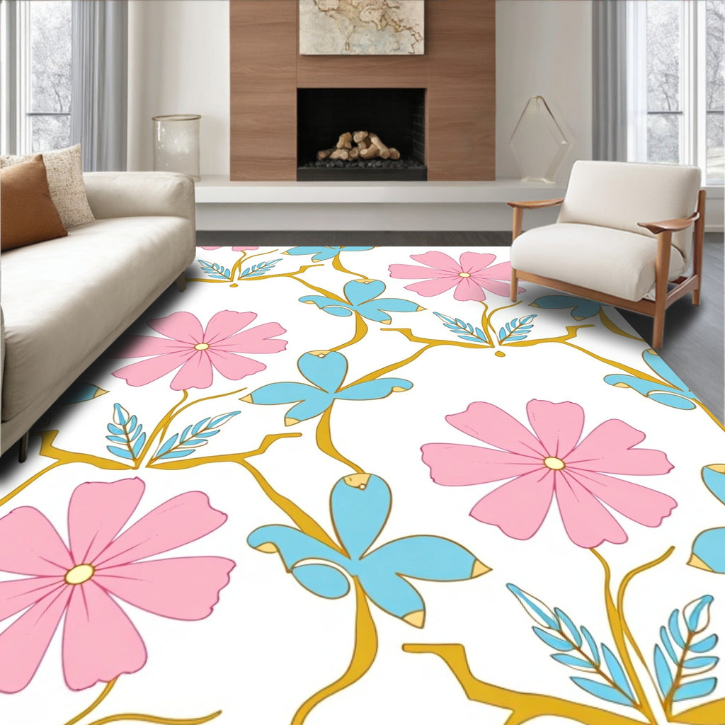 Pink Turquoise Floral Vine Pattern Rug