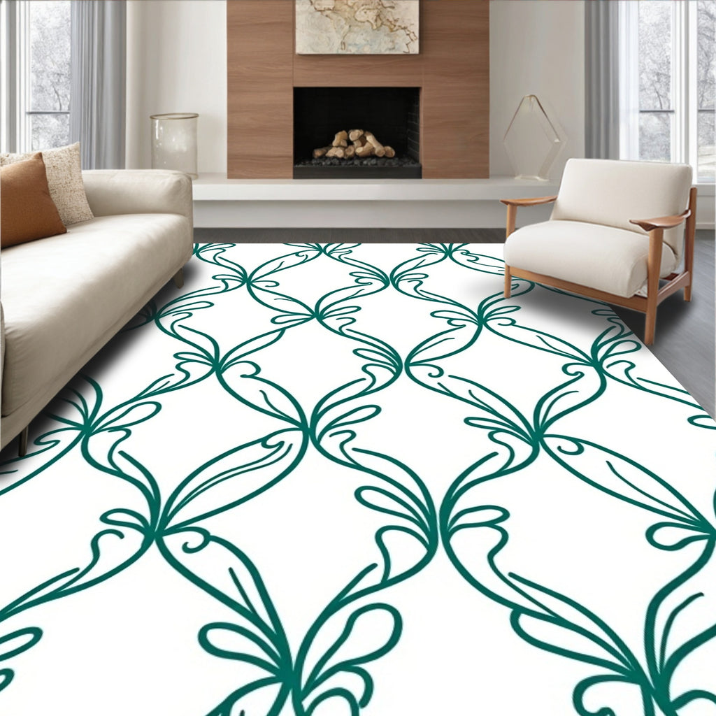 Teal Organic Scroll Vine Pattern Rug