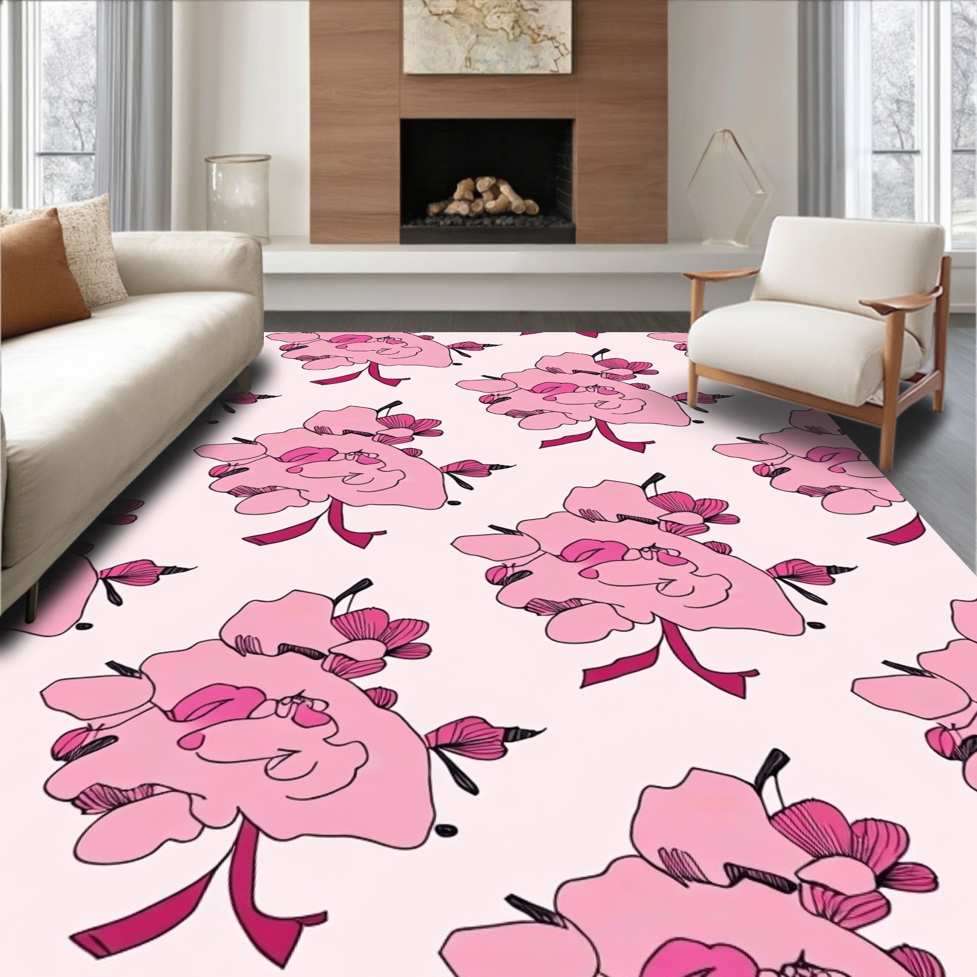 Pink Floral Sketch Pattern Design Rug