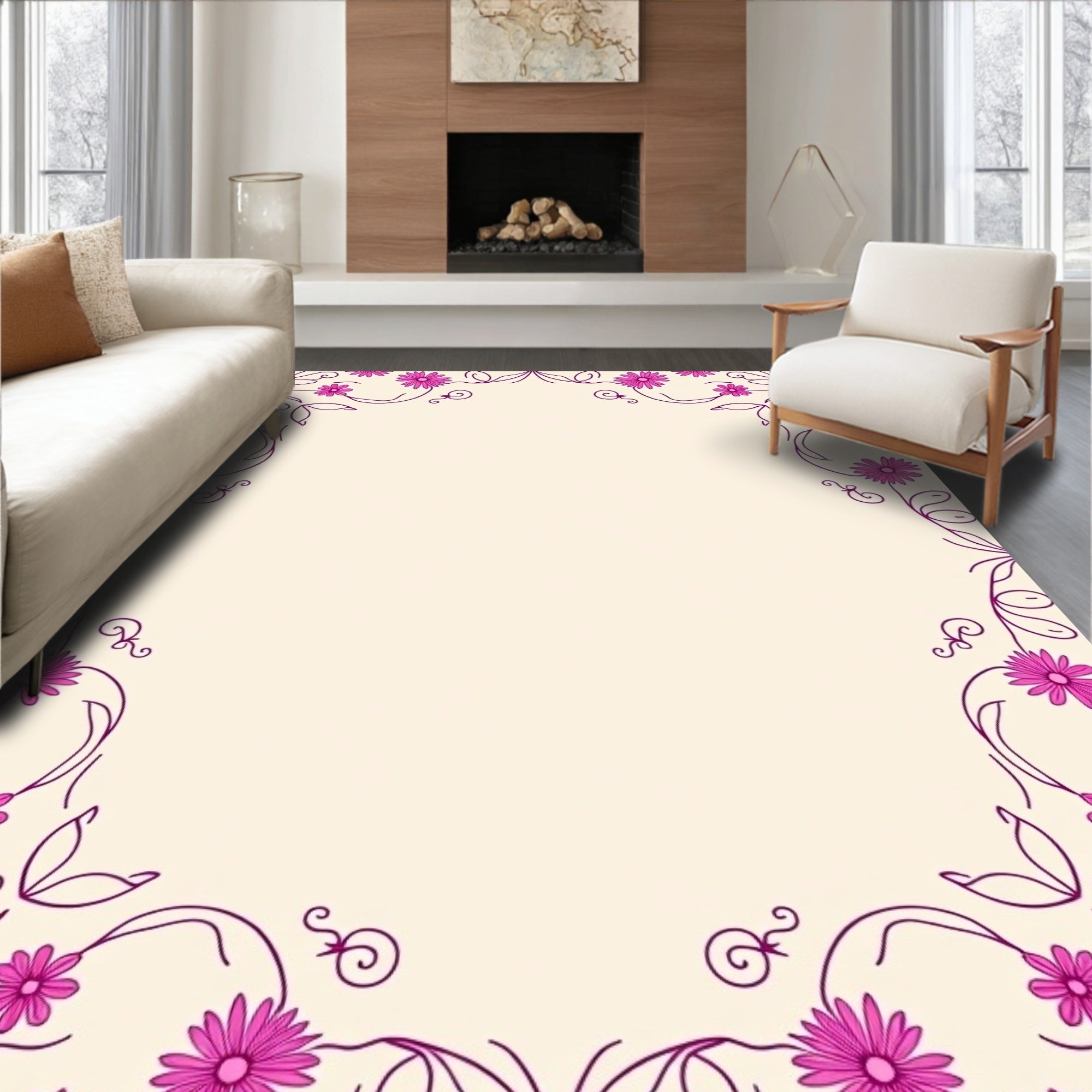 Floral Vine Border with Pink Accents Rug