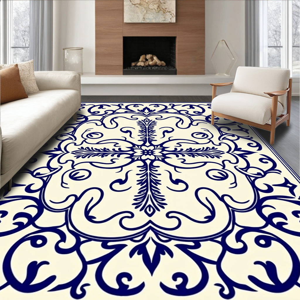 Elegant Blue Floral Medallion Pattern Rug