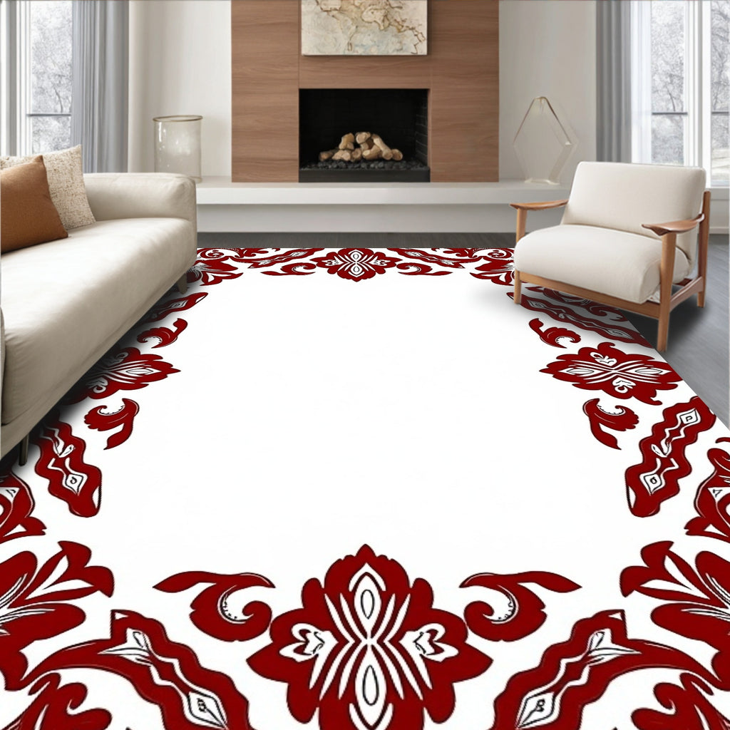 Rich Red Ornate Floral Border Rug