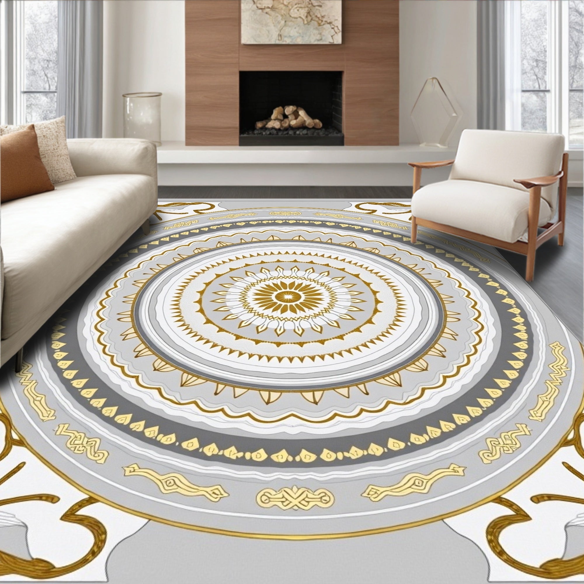 Ornate Gold Gray Mandala Pattern Rug