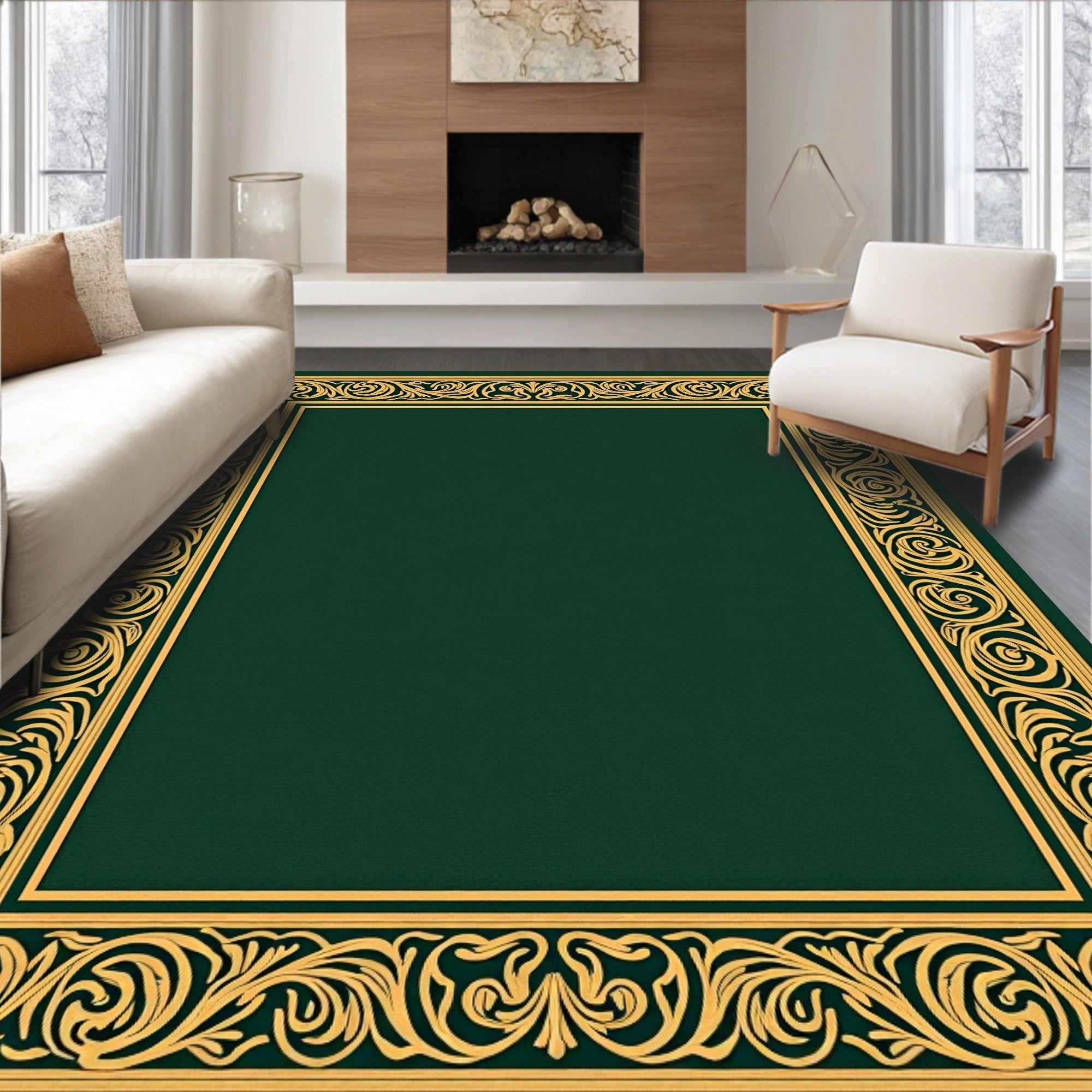 Ornate Gold Scrollwork Border Design Rug