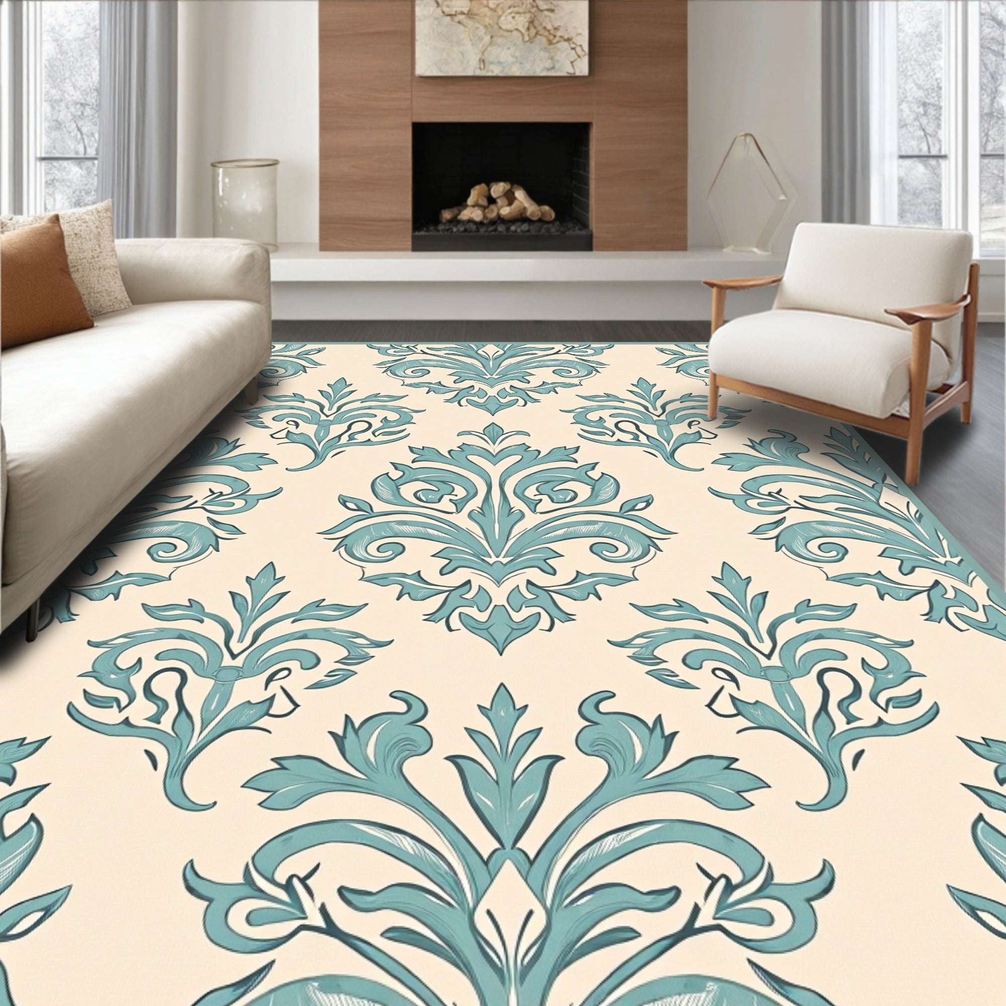 Elegant Teal Damask Floral Pattern Rug
