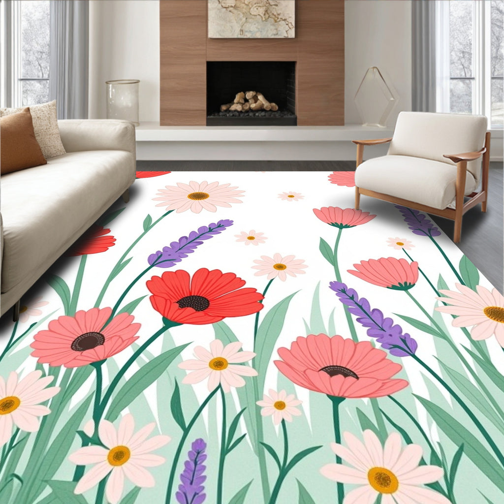 Whimsical Floral Meadow Pattern Design Rug