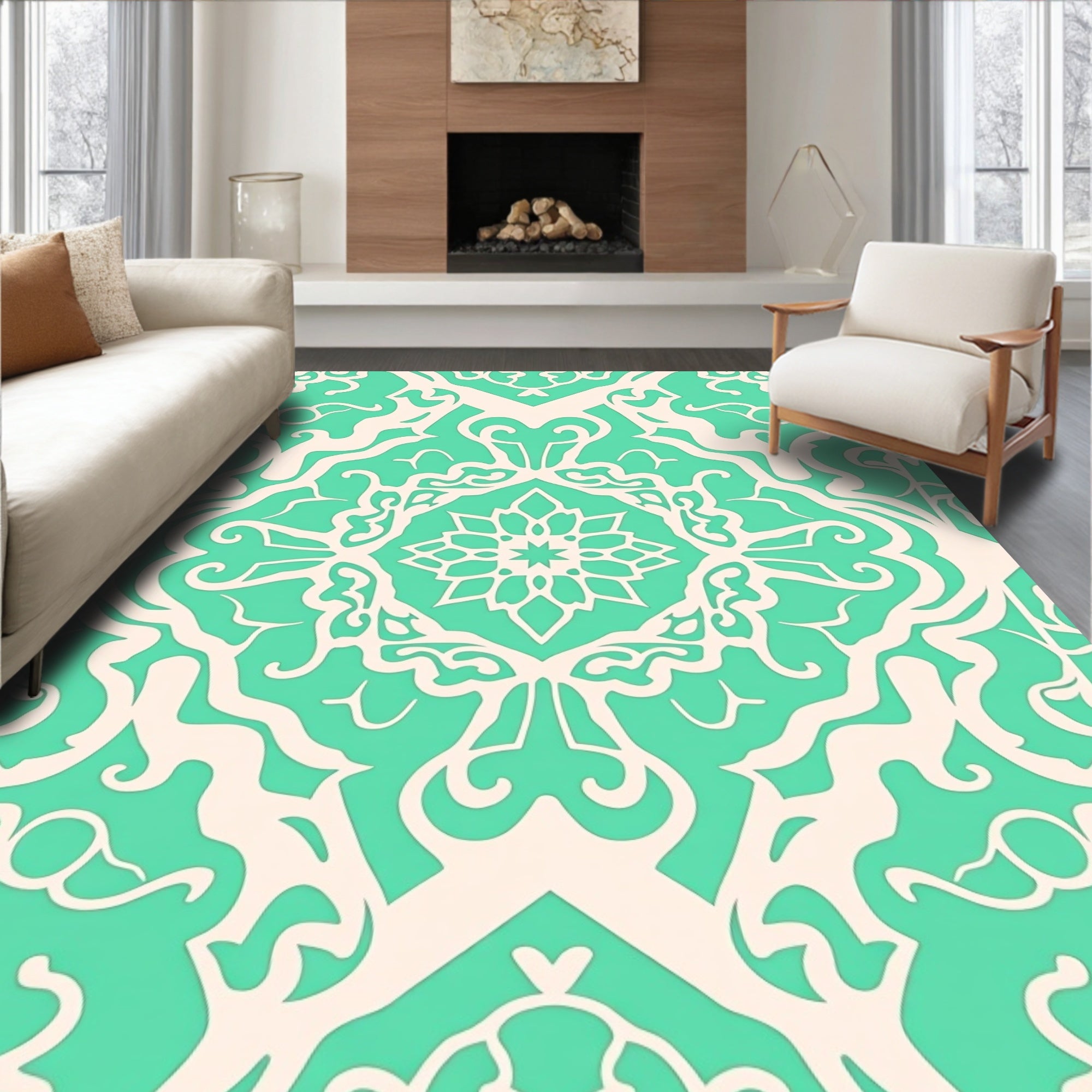 Mint And Cream Intricate Damask Rug