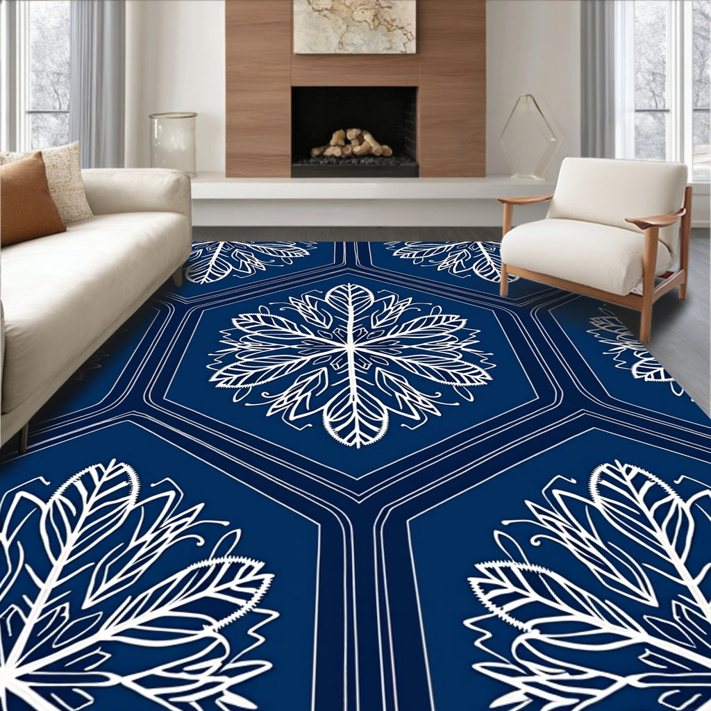 Deep Blue Hexagon Floral Medallion Rug