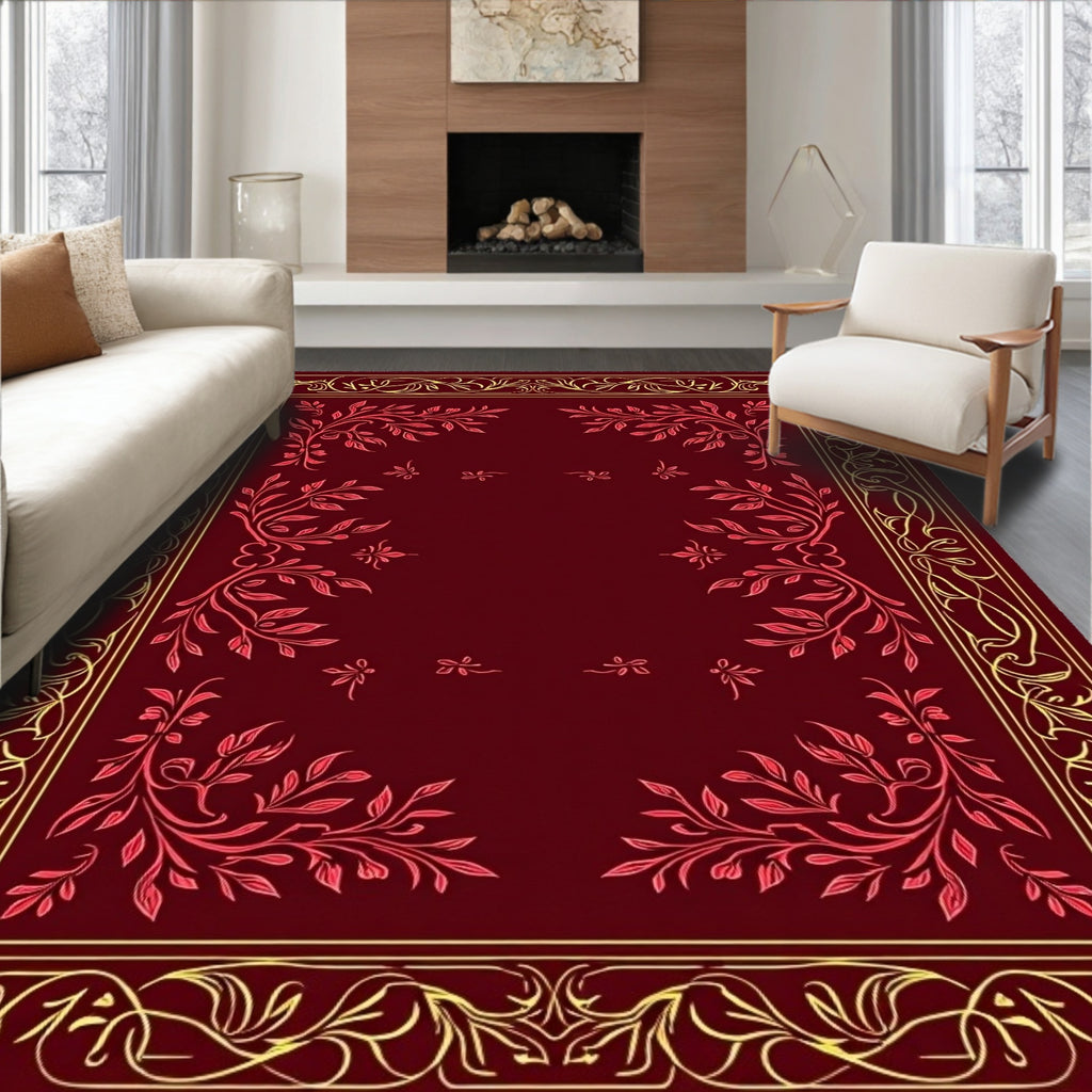 Elegant Red and Gold Floral Border Rug