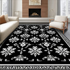 Classic Black White Floral Damask Rug