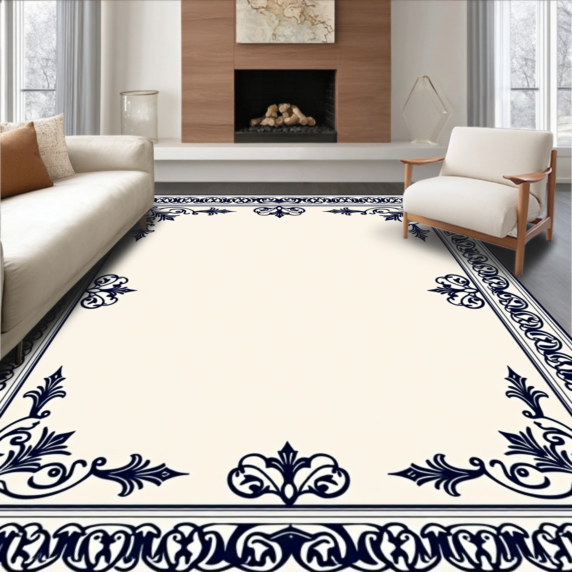 Ornate Dark Navy Floral Border Design Rug